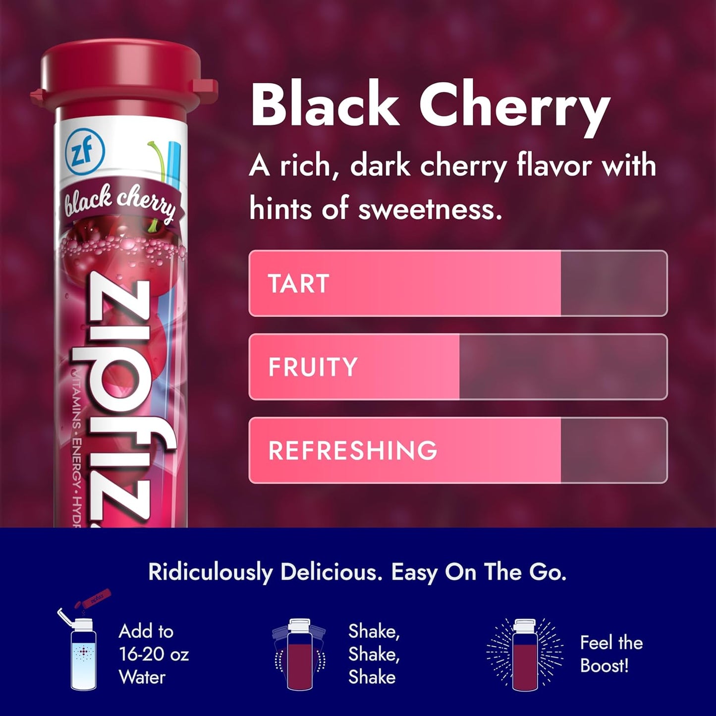 Zipfizz Daily Energy Drink Powder, Black Cherry, 20 Pack | 3-in-1 Sustained Energy, Rapid Hydration, and Essential Vitamins | Sugar-Free | Electrolyte Powder | Contains Vitamin B-12 & Antioxidants