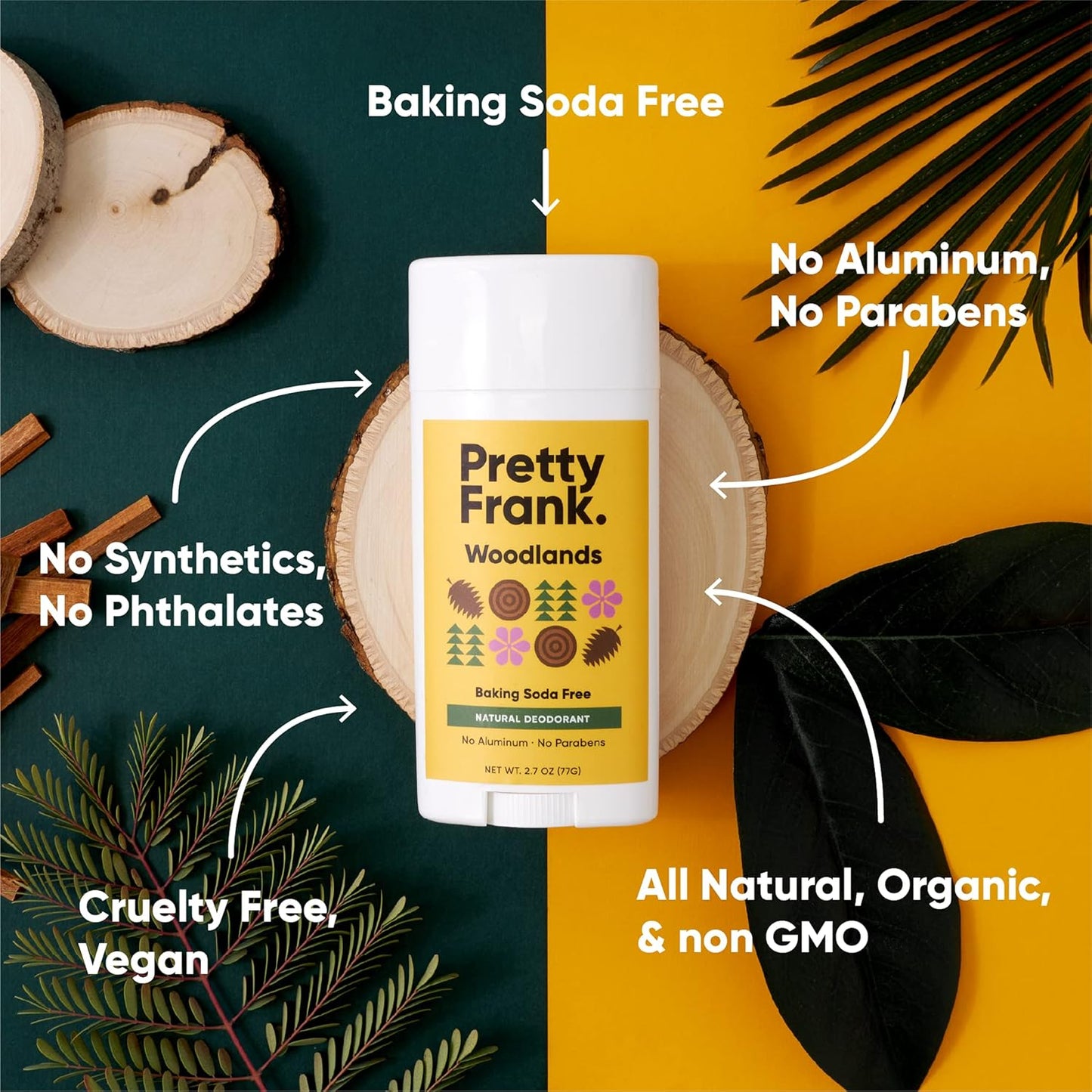 Pretty Frank Natural Aluminum-Free Deodorant Stick, Baking Soda-Free, Woodlands (2-Pack) | Sensitive Skin Friendly, Effective Odor Control for Women & Men, Organic Ingredients and Essential Oils