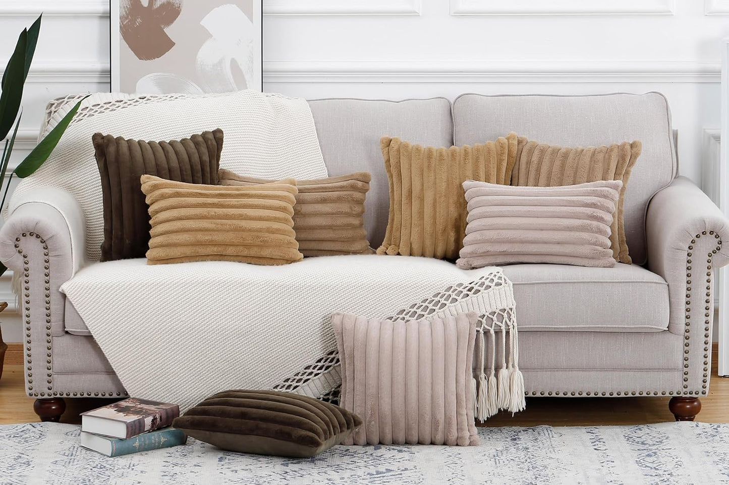 MADIZZ Set of 2 Faux Wool Plush Decorative Throw Pillow Covers 18x18 Inch Camel Fluffy Striped Soft Decorative Cushion Cover for Sofa Bedroom Pillow Shell