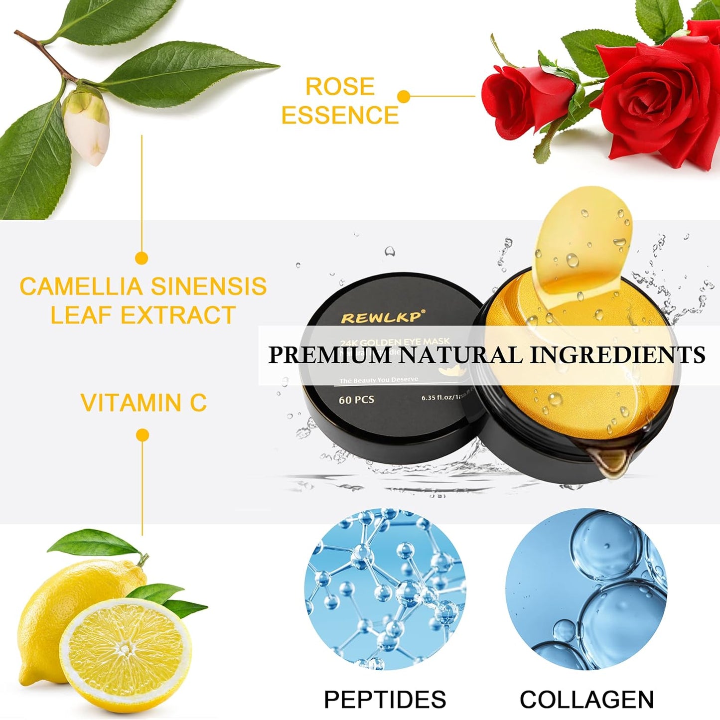 REWLKP 24k Gold Eye Collagen Patches - Puffy Eyes & Dark Circles Treatments,Reduce Under Eye Bags and Smooth Wrinkles,Eye Skin Care Pads With Collagen