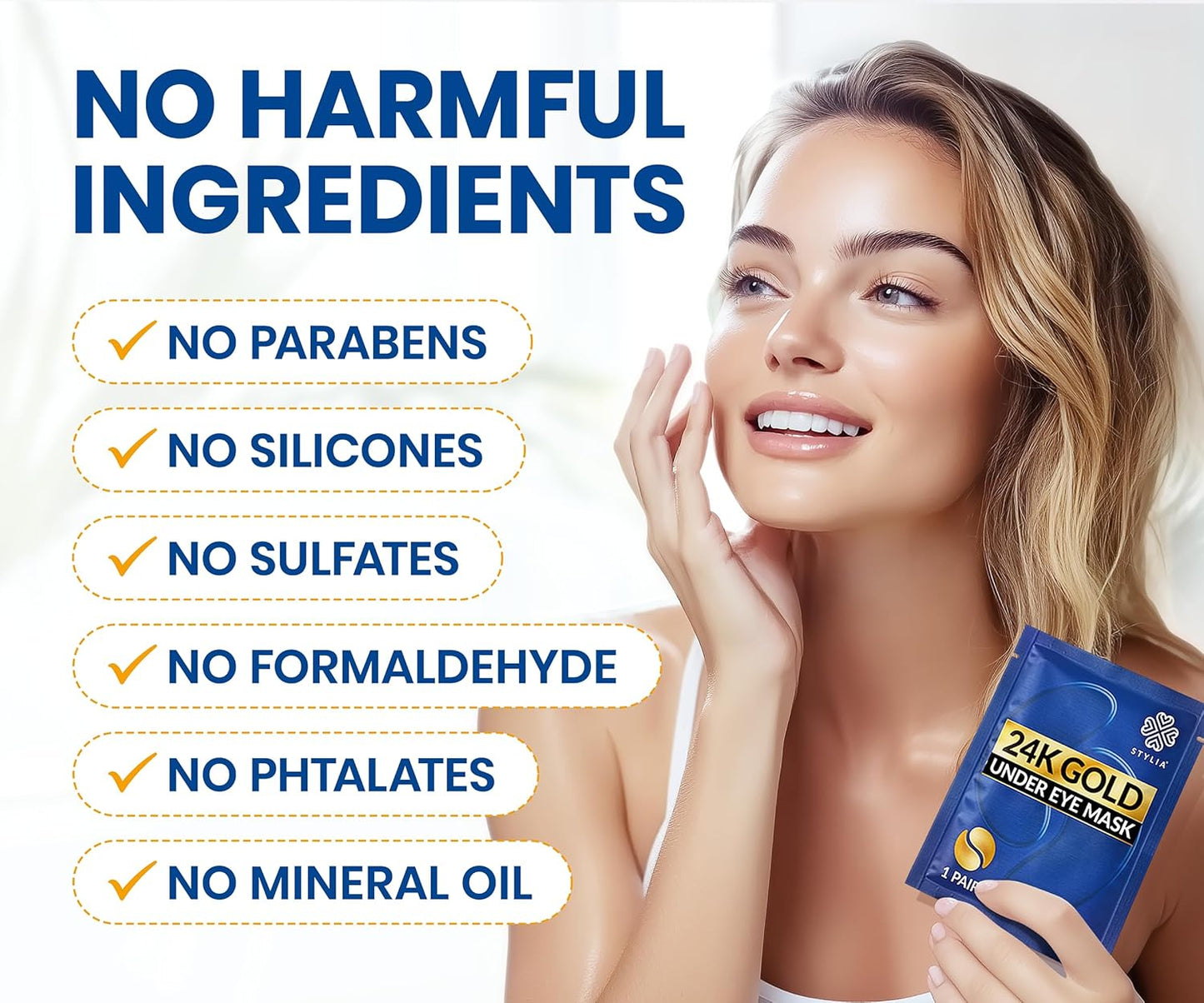 Stylia Under Eye Patches for Puffy Eyes and Dark Circles (20 Pairs) - 24k Gold Under Eye Mask with Vitamin C, Hyaluronic Acid, Pearl Extract - Eye Masks for Dark Circles and Puffiness