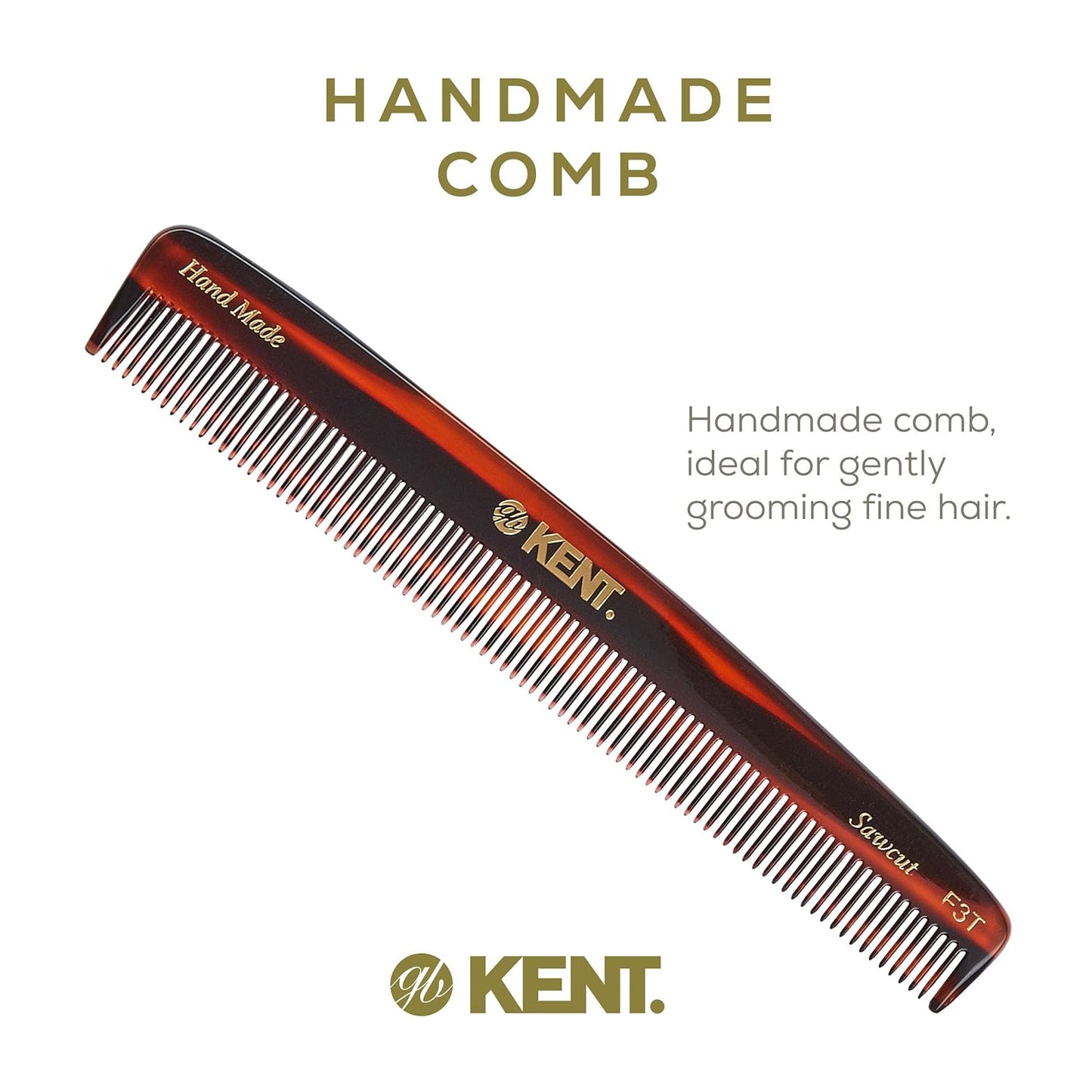Kent F3T Tortoise Fine Tooth Comb - Hair Parting and Straightening Comb for Men's & Women's Dandruff Remover, Saw Cut and Hand Polished Made in England