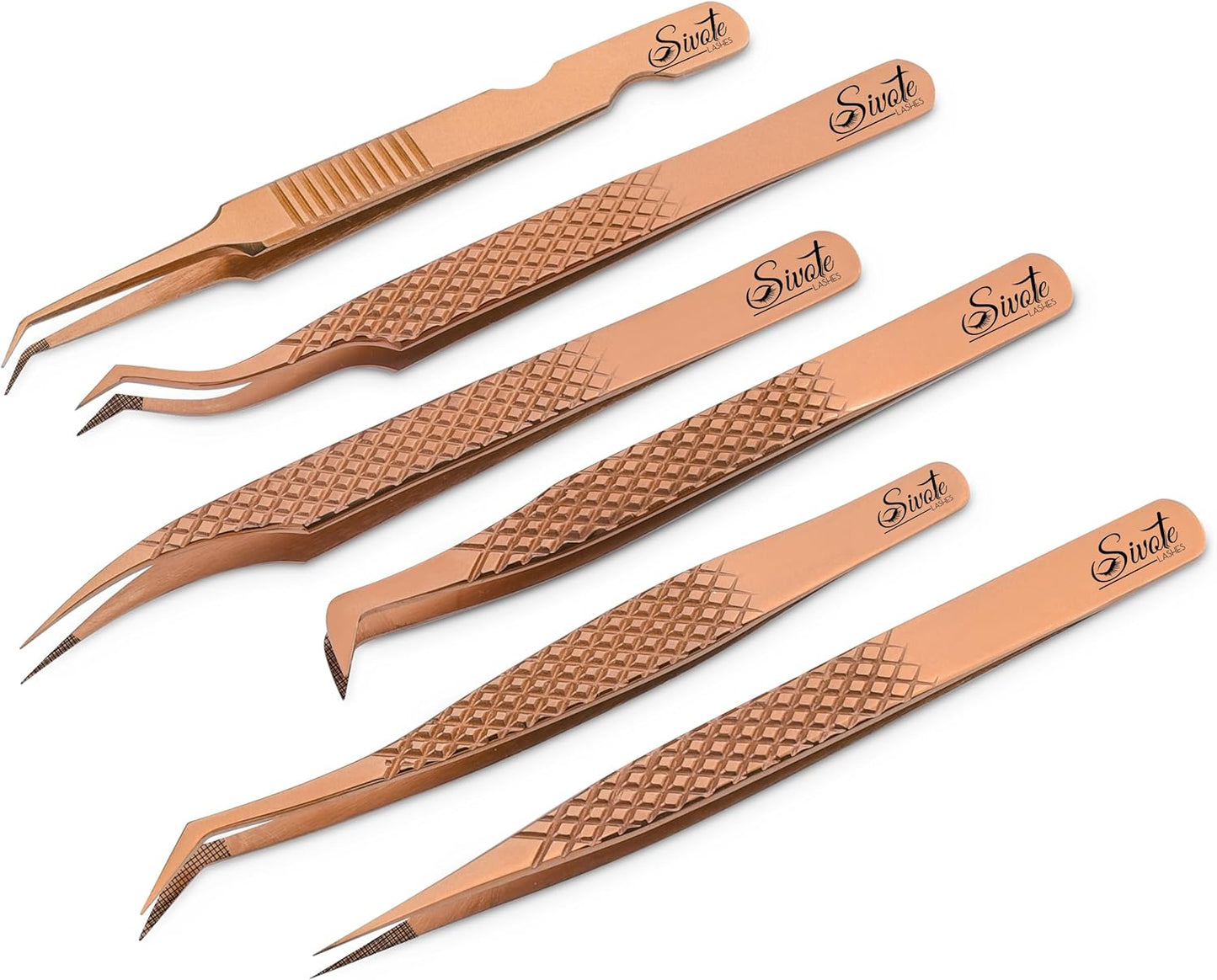 SIVOTE Eyelash Extension Tweezers Fiber Tips Japanese Steel, Set of 6 – Curved, Dolphin, 90° 45° Volume Boot & Slight Curved Tweezer – Professional Lash Tweezers for Lash Extensions Rose Gold