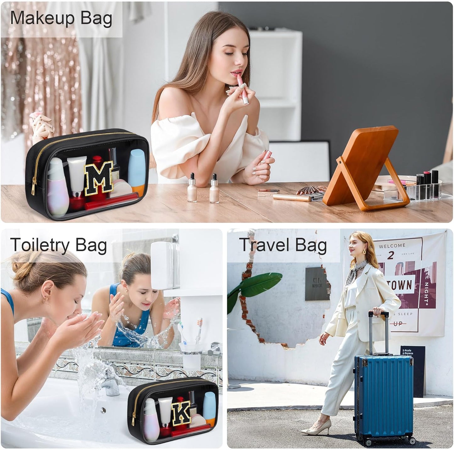 YOOLIFE Initial Travel Essentials Makeup Bag, Make Up Bag Skin Care Clear Toiletry Bag Pouch Cosmetic Bag Case Large Makeup Bag Personalized Birthday Gifts for Women Teacher Mom Teen Friends Black V