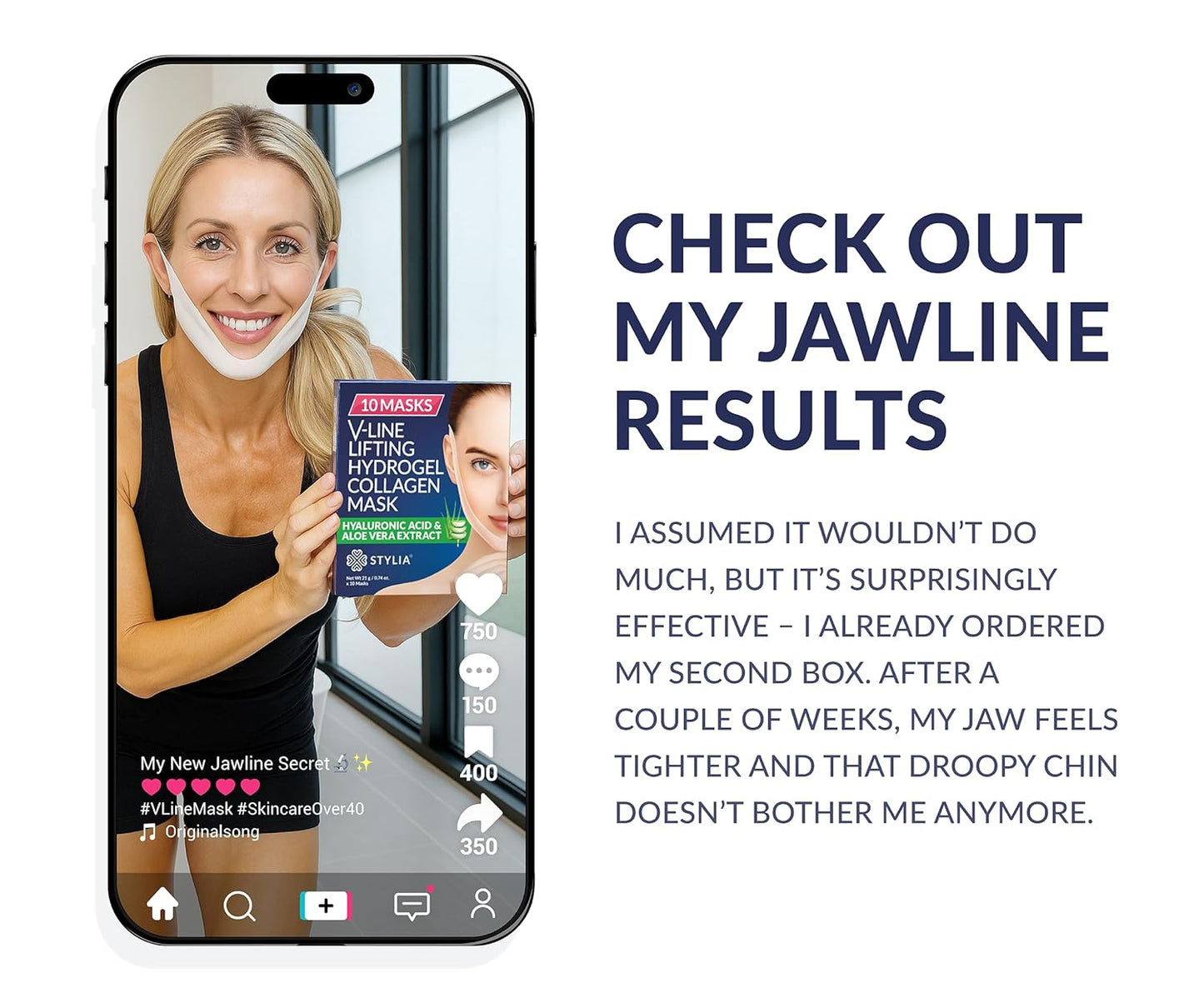 Stylia V Line Lifting Collagen Face Mask - Double Chin Strap for Women - Jawline Shaper Face Lift Tape - Neck Lift Collagen Mask - Chin Strap for Sleeping - Hyaluronic Acid, Aloe Vera, Cica 2PC