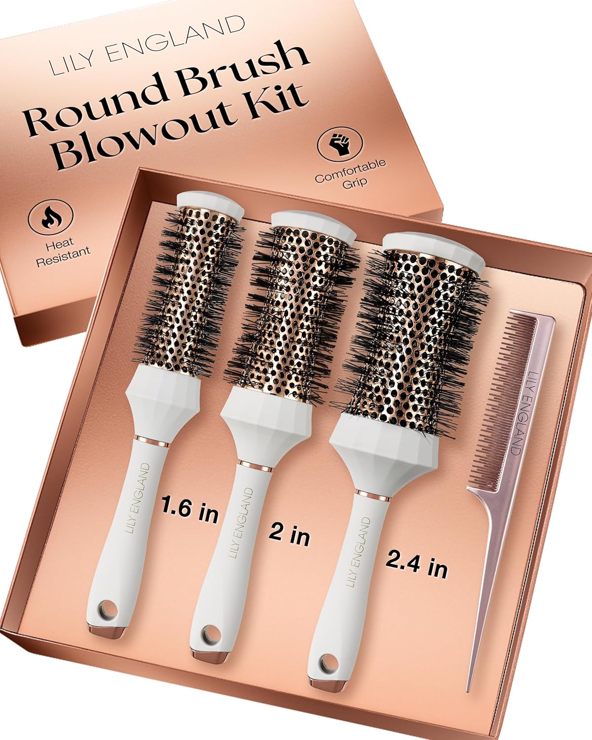 Lily England Round Hair Brush Set, 4 Piece Professional Blow Dry Kit with 3 Round Brushes and Comb for Styling, Beauty Gifts Sets for Women (White)