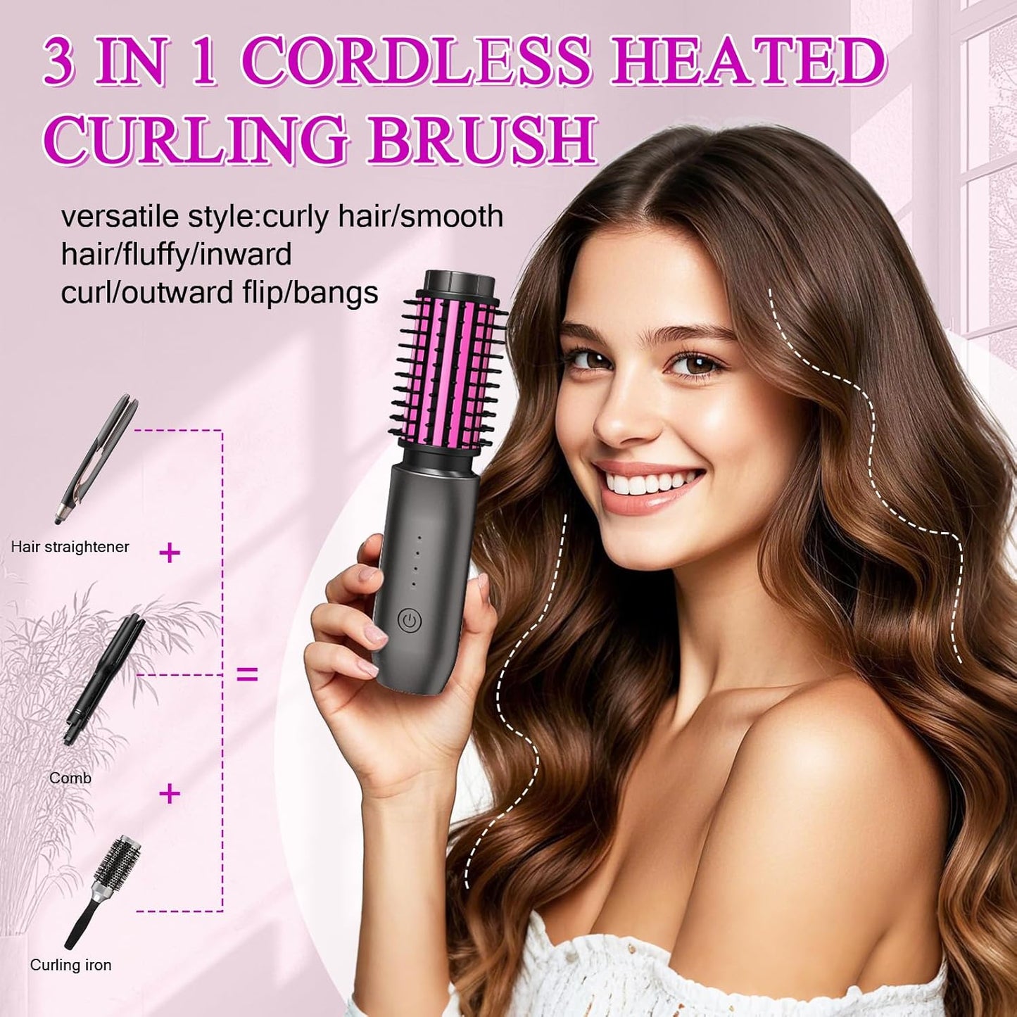 Mini Cordless Curling Iron Brush, Portable Hair Straightening Brush, Cordless Hair Curler Anti-Frizz with Negative Ions, 3-in-1 Crimper Hair Tool, Rechargeable Wave Curling Wand - Night Purple