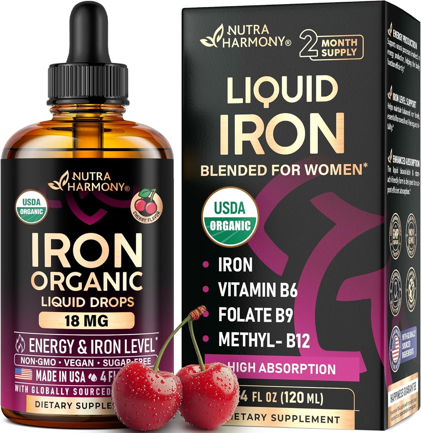 Liquid Iron Supplement for Women 18 mg - USDA Organic Iron Drops - with Folate, Vitamin B12 & B6 - Iron Level & Energy - Gentle & High Absorption Glycinate Form - Cherry Flavor, Sugar-Free - 4 fl oz
