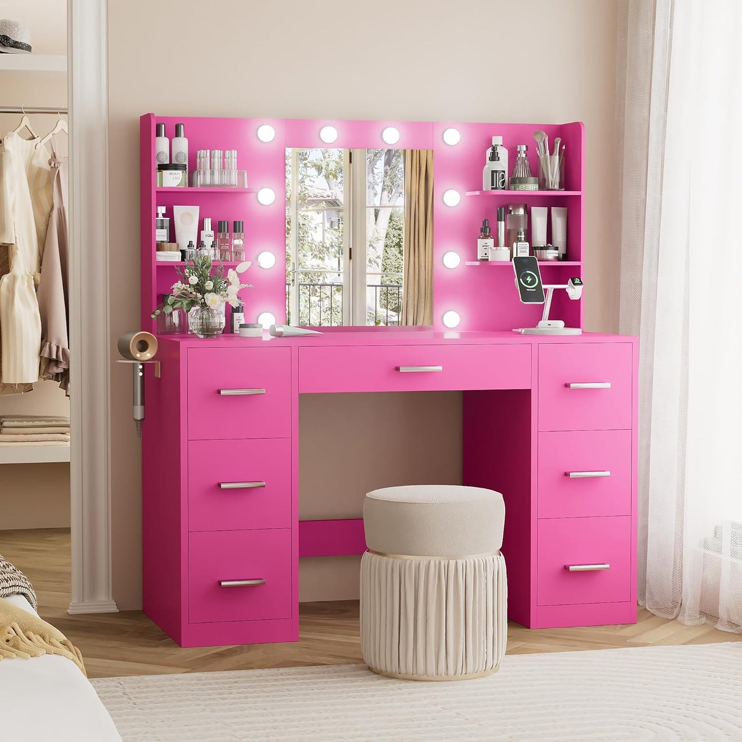 YESHOMY Vanity Desk with Mirror, Power Outlet and 10 Lights, Makeup Table with 7 Drawers, 3 Color Modes Available for Bedroom, Rose Red