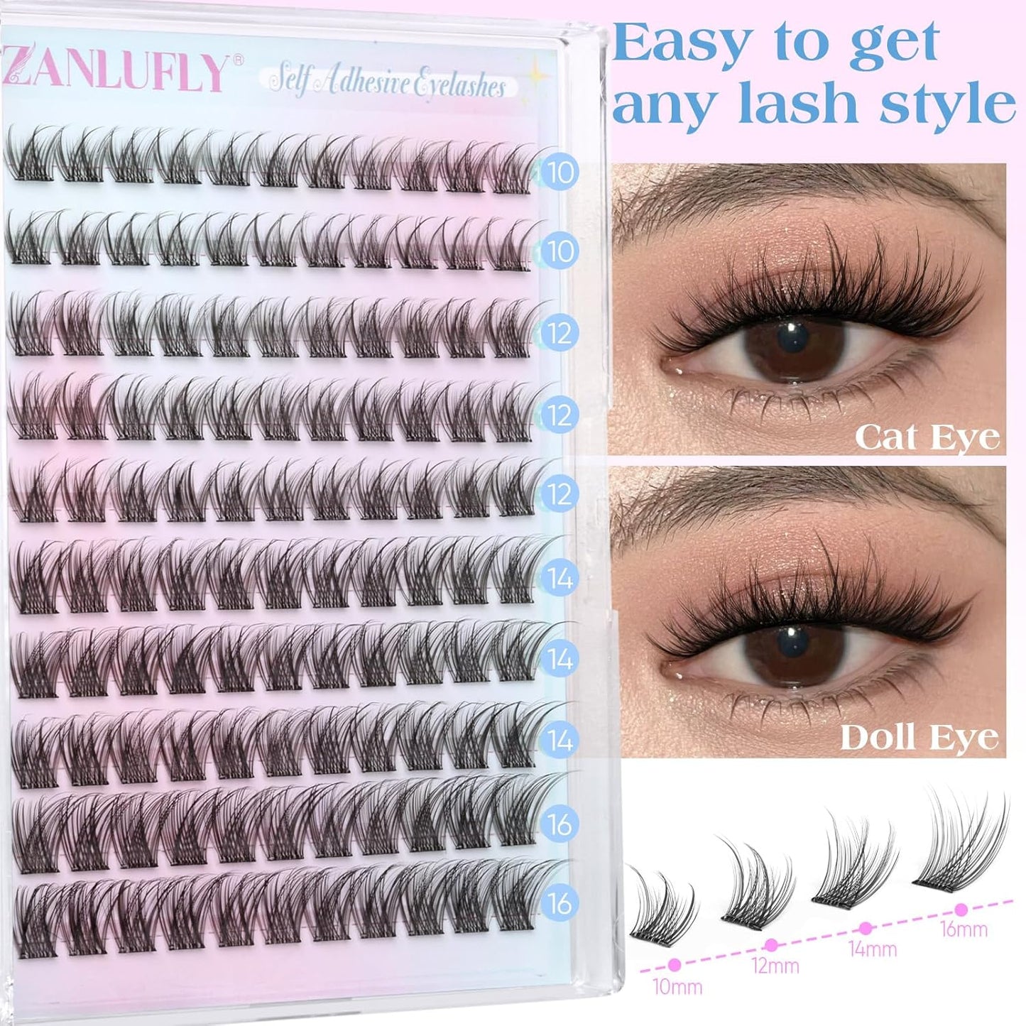 Self Adhesive Eyelashes Natural Self Adhesive Lash Clusters Pre glued Eyelash Clusters zanlufly No Glue Needed Lashes Wispy C-curly Cluster Eyelash extensions 10-16MM Individual Lashes