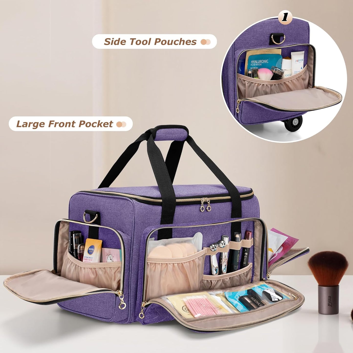 LUXJA Rolling Makeup Case with 3 Removable Pouches and 1 Makeup Brush Bag, Large Makeup Bag Cosmetic Bag with Detachable Dolly (Patented), Purple