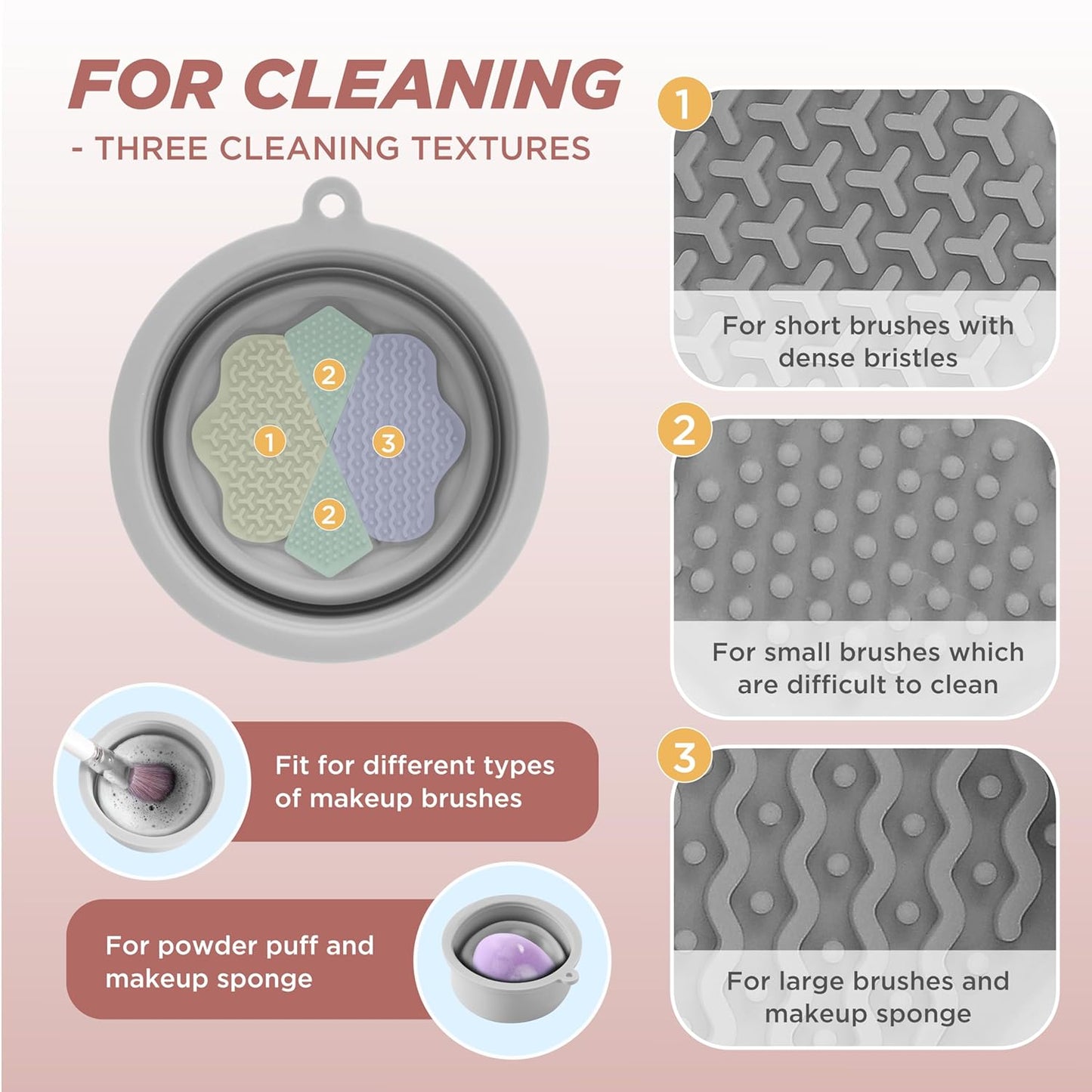 Makeup Brush Cleaner - Foldable Silicone Makeup Brush Cleaner Mat with Brush Storage Holder Makeup Brush Cleaning Bowl Cosmetic Brush Washing Tool for Cleaning Organizer and Drying (Grey)