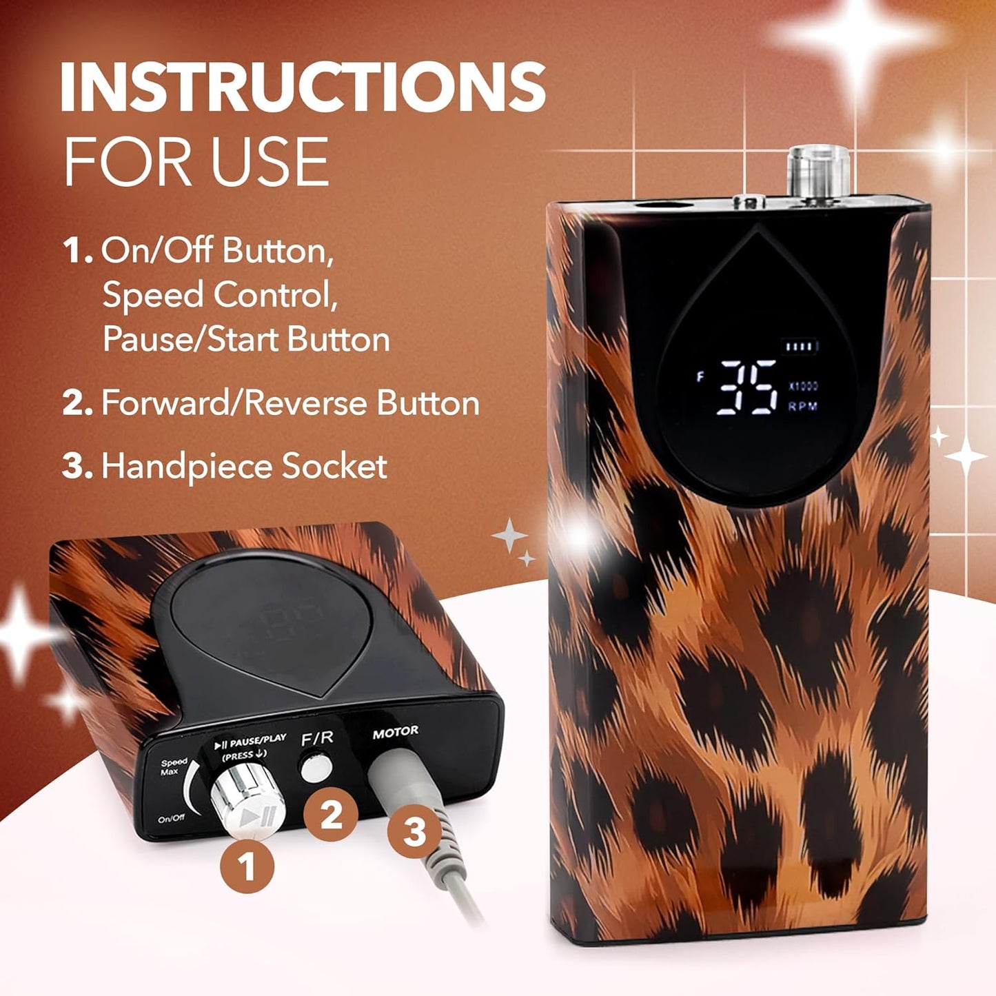 M Max - Nail Drill Professional - 2-in-1 Brushless Motor Nails Drill Machine - Electric, Cordless, Aluminium Alloy Casing, 35000 RPM, HD Display - for Salon & Home Use (Special Edition - Leopard)