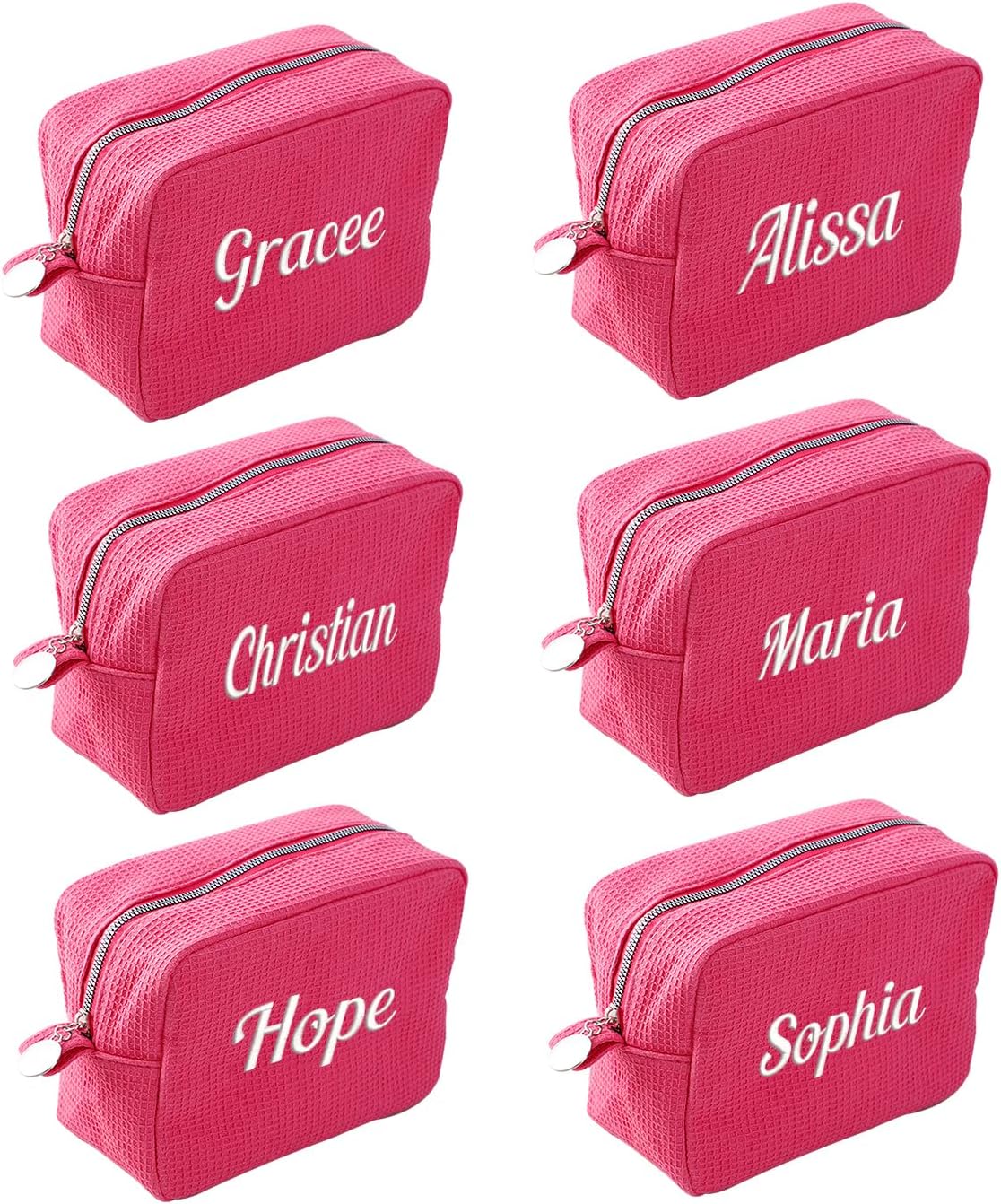 GOPHIE Personalized Embroidered Makeup Bag,Custom Waffle Fabric Cosmetic Pouch for Women, Travel Makeup Pouch (6, Hot Pink)