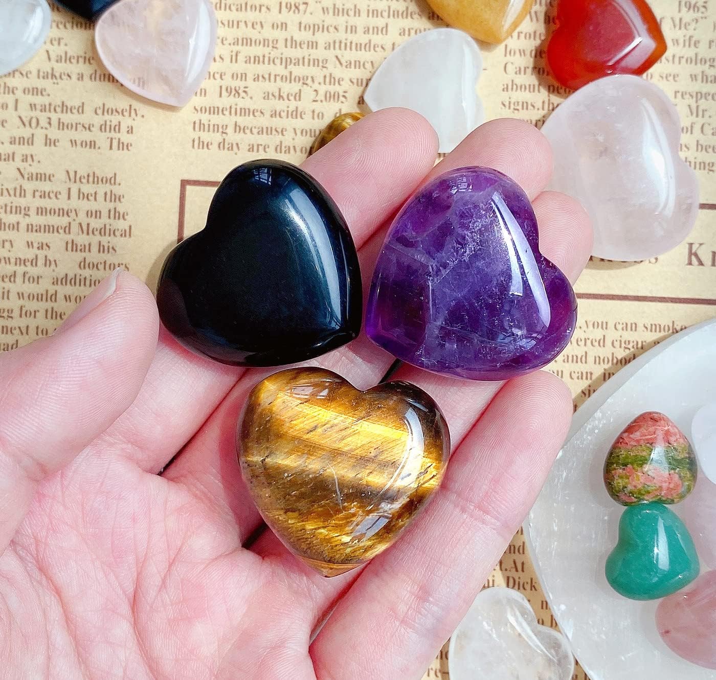 QINJIEJIE 3 PCS 1.2" Large Heart Crystals Amethyst Obsidian Tigers Eye Natural Healing Crystal Heart Shape Love Stones Polished Thumb Gemstones Therapy Reiki Energy Balancing Gifts