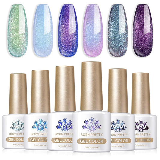 Born Pretty Chameleon Gel Nail Polish Set, 6 Colors Aurora Shimmer Glitter Gel Polish Kit Blue Green Purple Nail Gel Polish Long Lasting Set for Manicure and Nail Art, DIY at Home, Salon-Quality 7ml