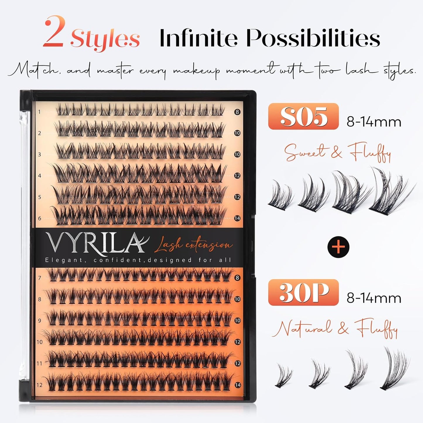 Lash Clusters Kit-VYRILA 0.07mm Wispy 8-14mix C Curl Eyelash Clusters with Lash Bond and Seal Waterproof, Eyelash Tweezers (30P+S05 KIT 192pcs-8-14mix)