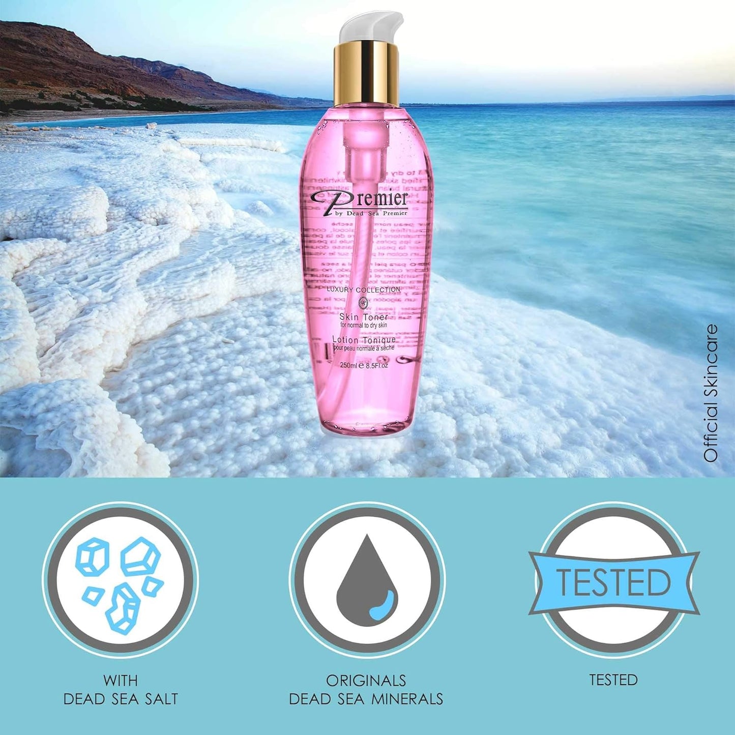 Premier Dead Sea Skin Toner Normal To Oily Skin, pH 5.5 balancing, alcoholic cleanser that is mild and gentle to skin, with natural ingredients of witch hazel and minerals 8.5fl.oz