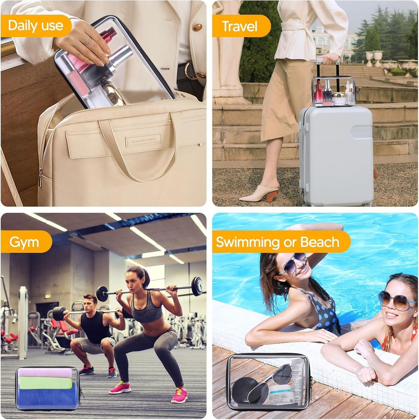 3PCS Clear Zipper Cases, Portable Clear Organizer Pouches for Travel, Double Zippered Hard Shell Plastic Case, Cosmetic Bag for Make Up Tools, Toiletries, Toy Storage (Black, 1 Pack)