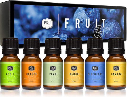 P&J Trading Fragrance Oil Fruit Set | Orange, Mango, Apple, Blueberry, Banana, and Pear Candle Scents for Candle Making, Freshie Scents, Soap Making Supplies, Diffuser Oil Scents