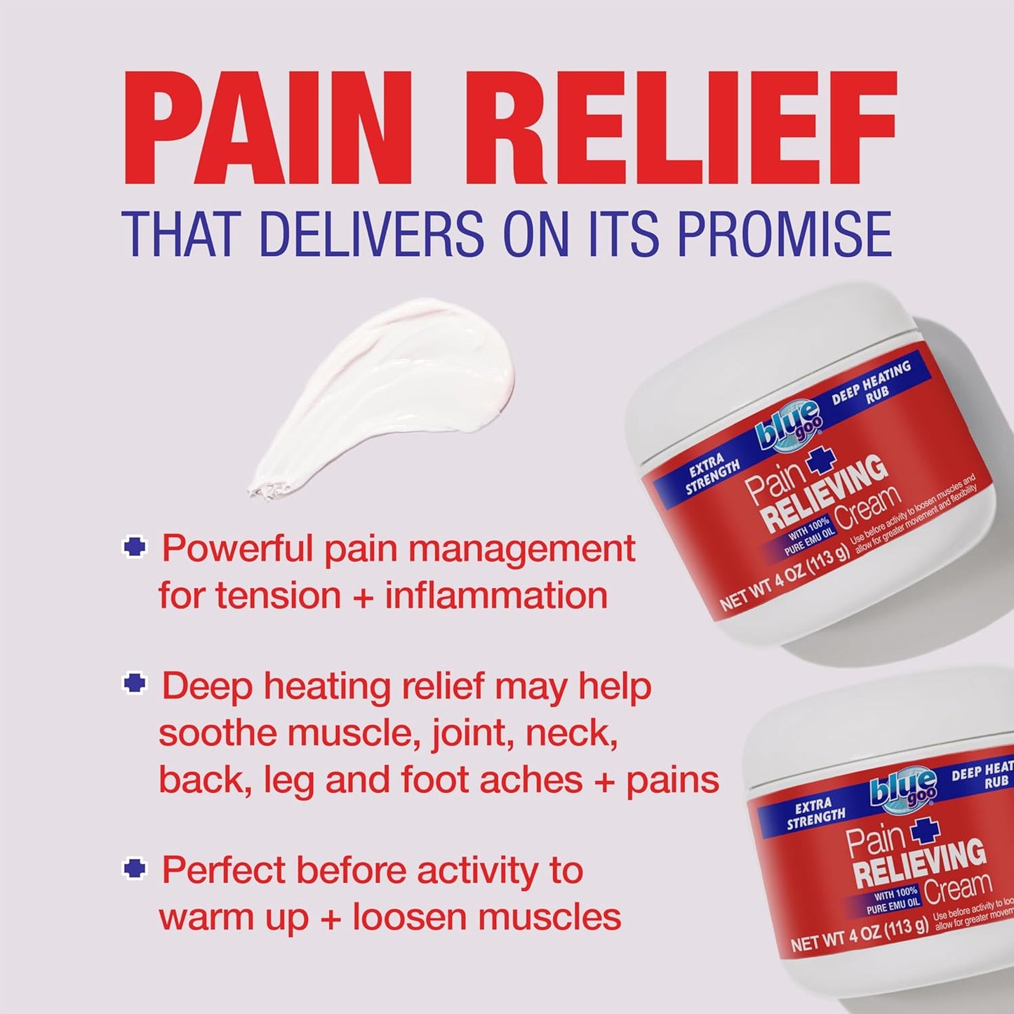 Blue Goo Pain Relieving Cream – FSA & HSA Eligible, for Back/Neck Pain, Sports-Related Muscle/Joint Pain, Sprains, Strains, Maximum Strength, Deep Heating Rub, Made w/ 100% Pure Emu Oil, 4 oz (2 Pack)