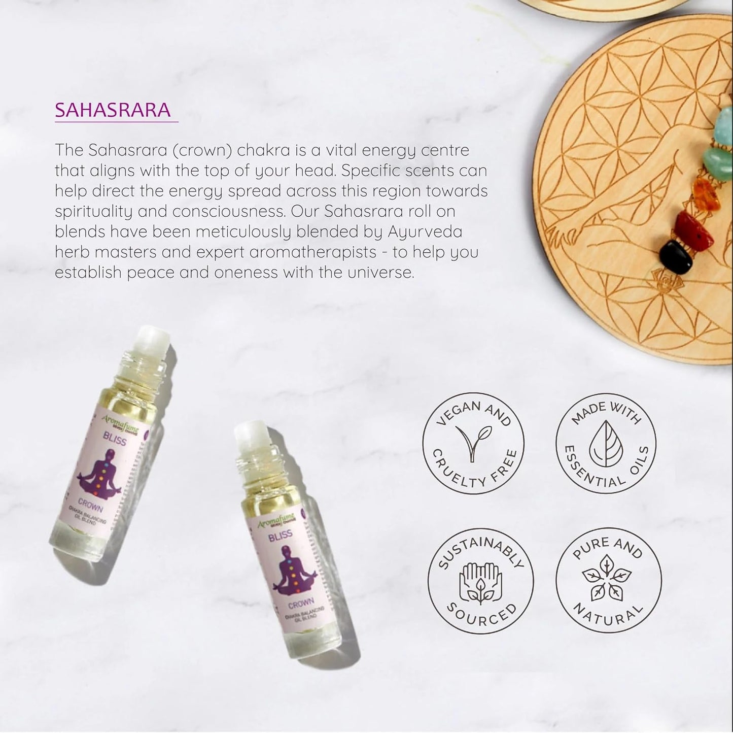 Crown Chakra Essential Oil Roll-On Blend by Aromafume | 10ml/0.33 fl oz | Sahasrara | Aromatherapy Oils for Chakra Balance | Lavender & Jasmine Extracts | Chakra Incense for Meditation, Yoga, Reiki