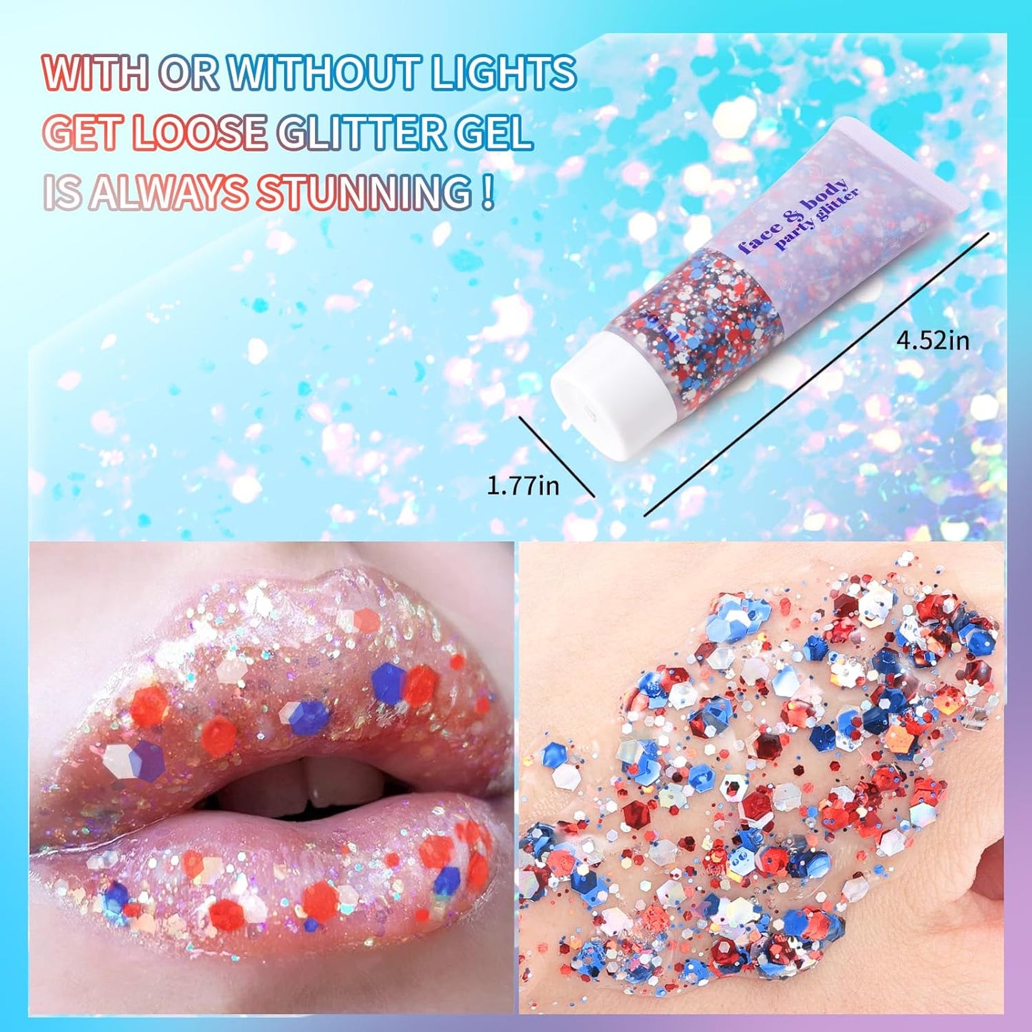 DAGEDA Red White Blue Body Glitter, 4th of July Outfits Accessories for Women, USA Flag Face Glitter Makeup, Fourth of July Patriotic Independence Day Hair Accessories Party Costumes