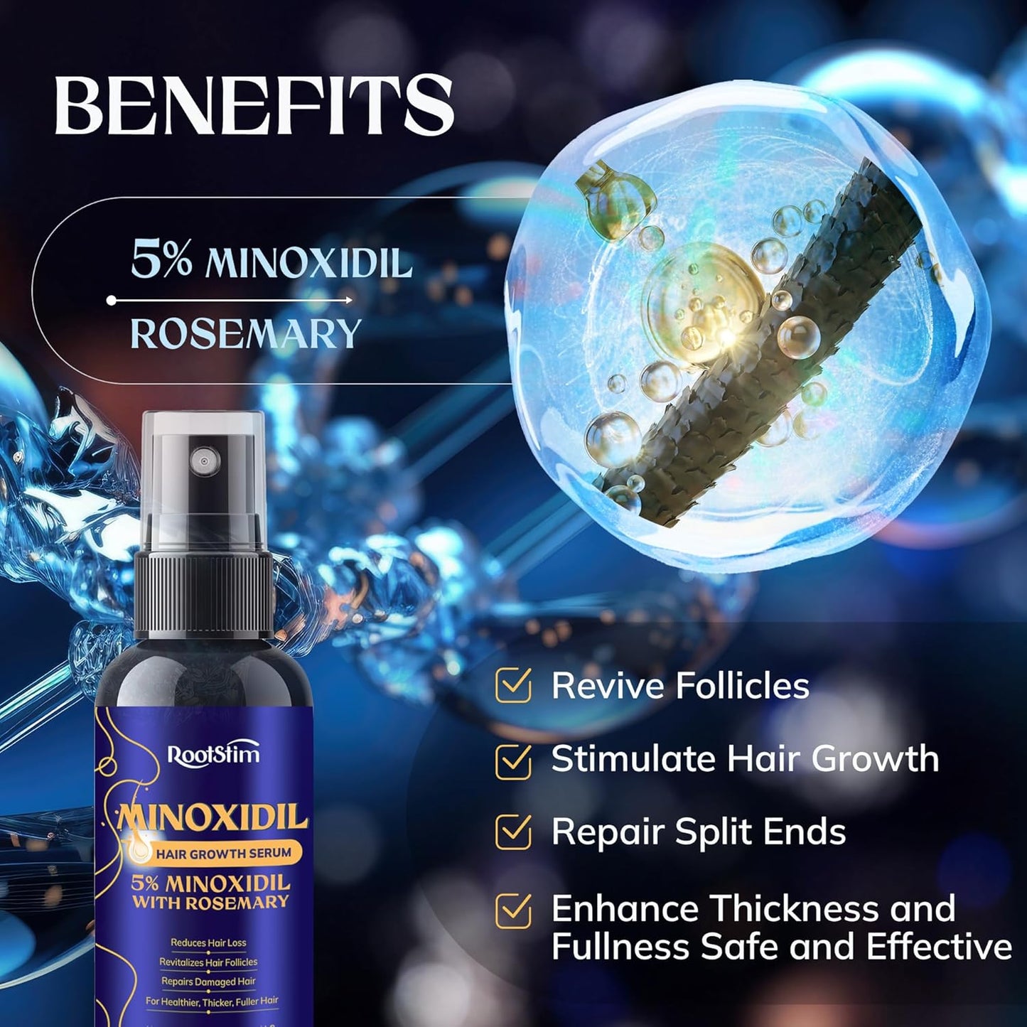 5% Minoxidil Hair Growth for Men and Women: 3-Pack RootStim Extra Strength Minoxidil with Rosemary for Thinning Hair Regrowth and Fuller Hair 180 ML