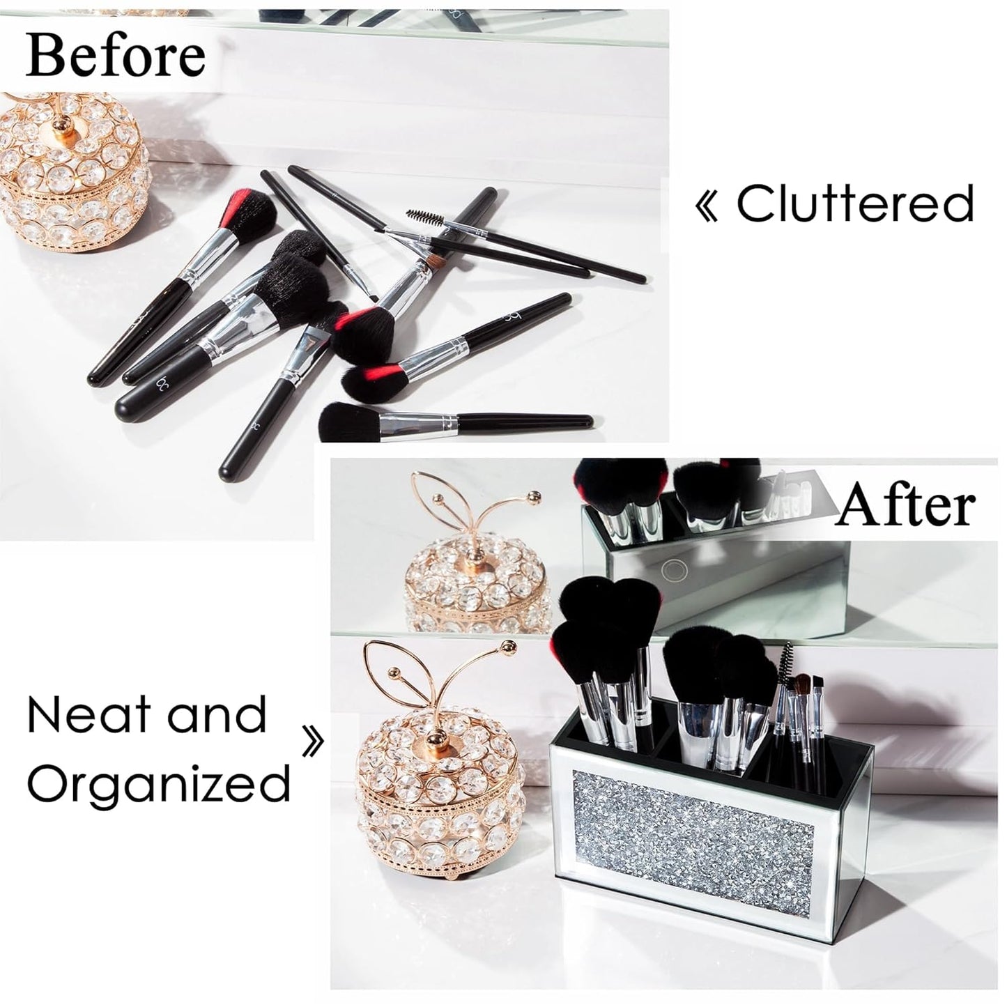 SHYFOY Mirrored Makeup Brush Holder Organizer, 3 Slot Glass Cosmetics Brushes Storage Holders with Crystal Crushed Diamond, Cute Pen and Pencil Holder for Desk, Eyeliners Display Case for Vanity