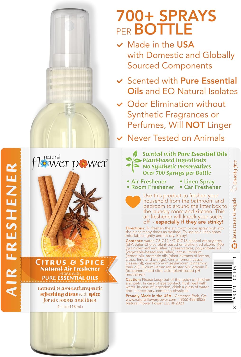 Air Freshener Spray - Odor Eliminator w/Essential Oils - Home, Car & Fabric - Cruelty Free & Vegan - 2 - Citrus & Spice - 2 x 4 fl oz