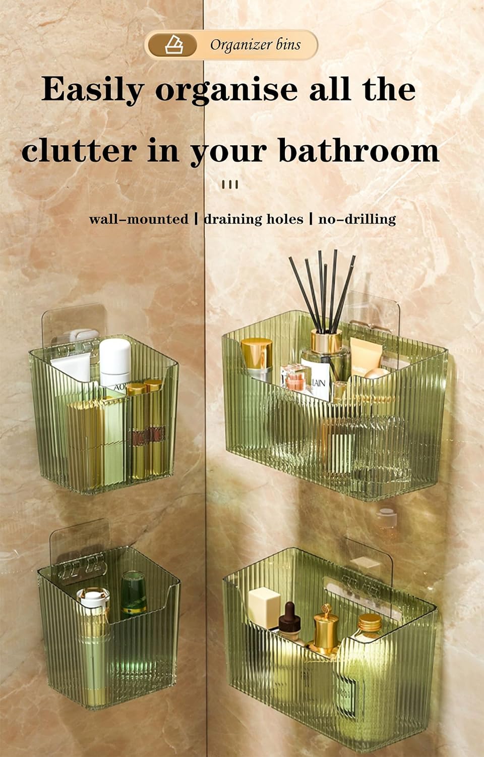 Set Of 2 Storage Organizer Bins Wall Mounted Shower Basket, Shower Caddy Stackable Clear Plastic Makeup Organizer Adhesive Hanging Bin for Bathroom, Kitchen, Cabinet, Pantry, BPA Free, Clear