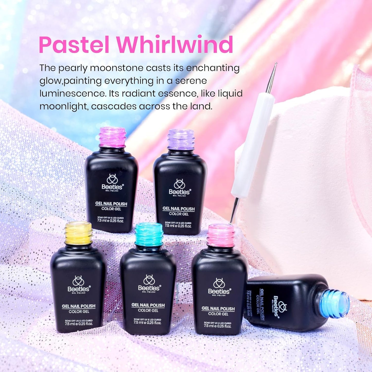 Beetles Shimmer Gel Nail Polish Set, 6 Colors Pink Blue Yellow Green Purple Iridescent Pearl Nail Polish Soak Off Uv Mermaid Gel Nail Polish Swirl Shell Thread Effect DIY Gift for Women