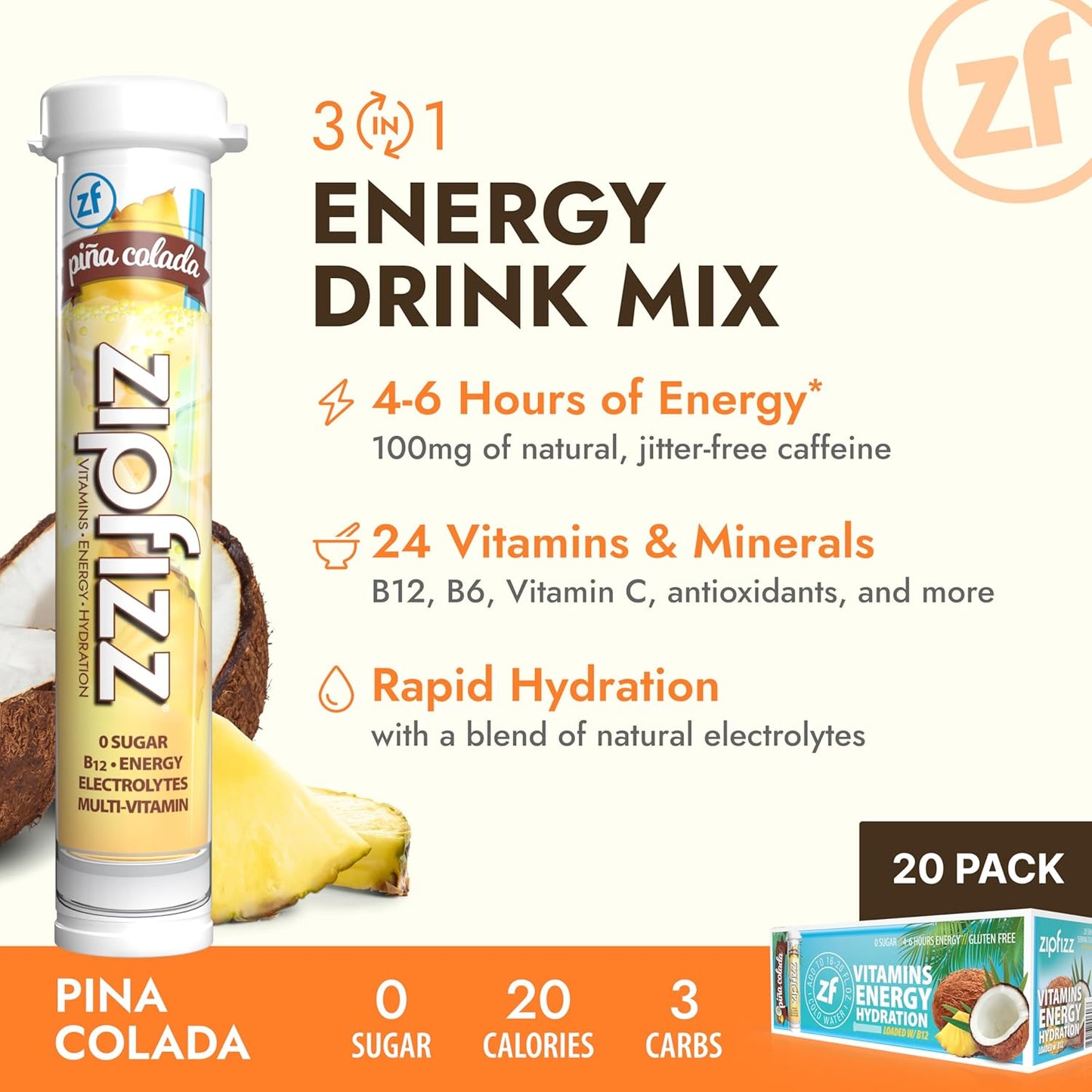 Zipfizz Daily Energy Drink Powder, Pina Colada, 20 Pack | 3-in-1 Sustained Energy, Rapid Hydration, and Essential Vitamins | Sugar-Free | Electrolyte Powder | Contains Vitamin B-12 & Antioxidants