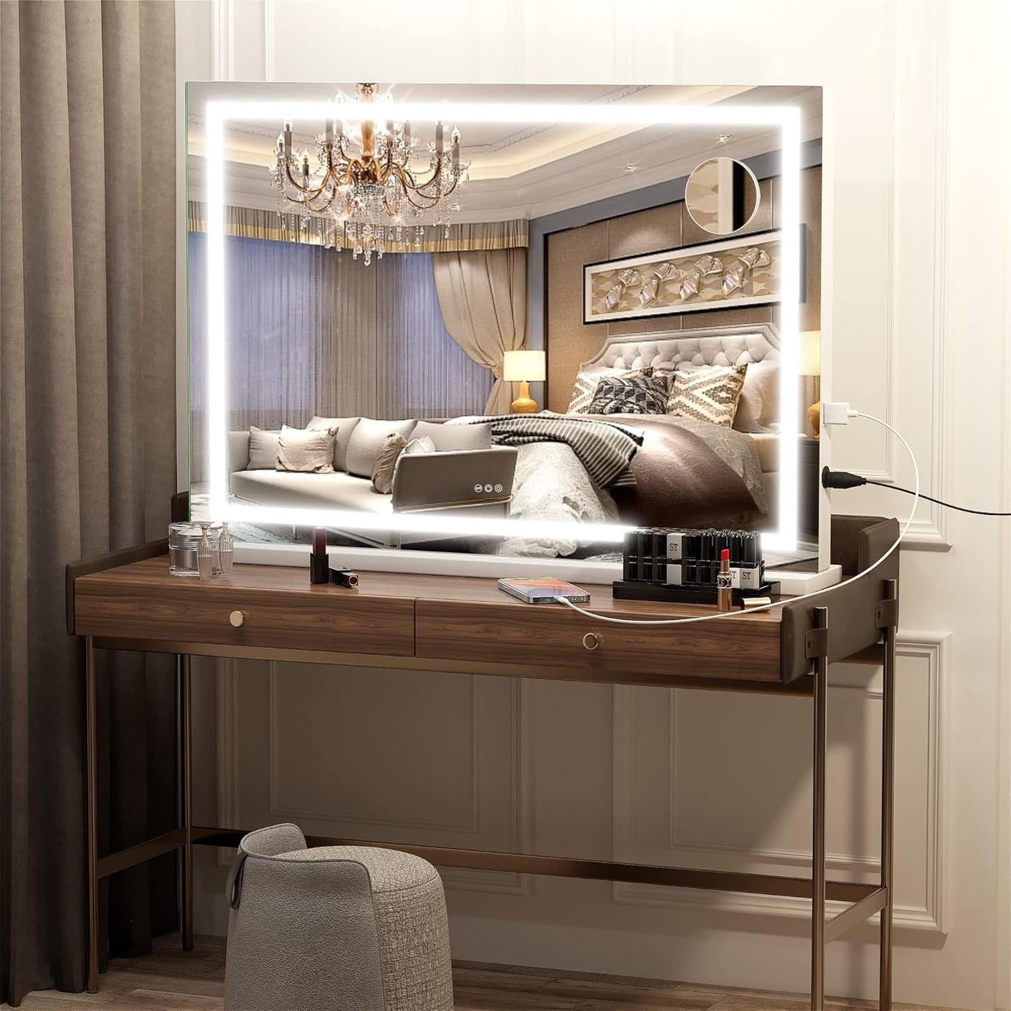 Hasipu Vanity Mirror with Lights, 23" x 18" LED Makeup Mirror, Lighted Makeup Mirror with Dimmable 3 Modes, Touch Screen Control Vanity Mirror Square White