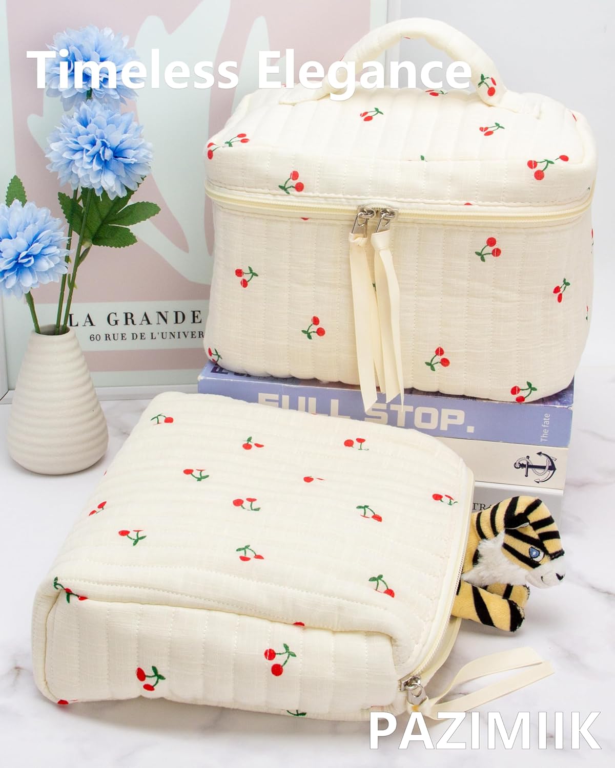 PAZIMIIK Quilted Makeup Bag Large Travel Zipper Soft Cosmetic Case for Women Girls Make Up,Cherry Beige