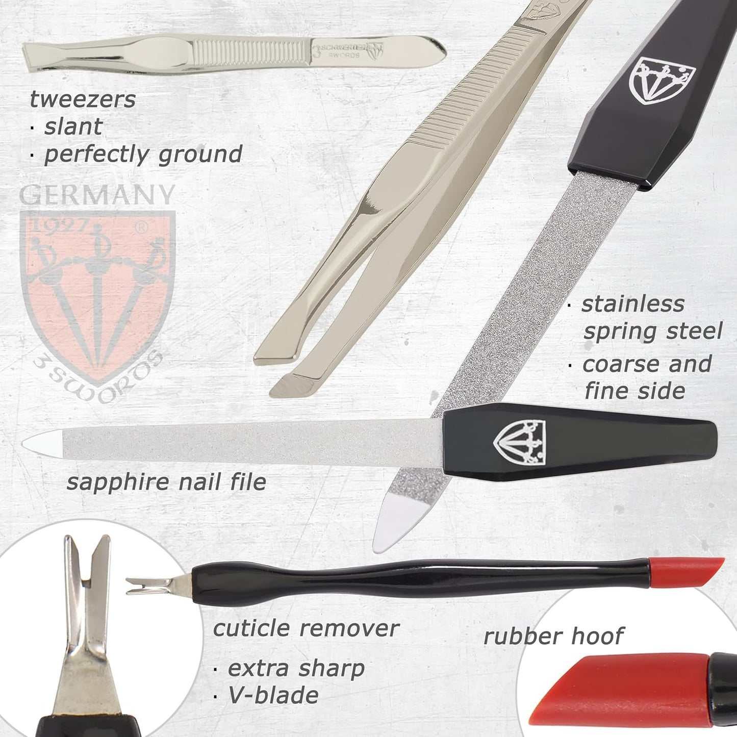 3 Swords Germany – brand quality 8 piece manicure pedicure grooming kit set for professional nail care with synthetic leather case black silver spots - Made in Germany