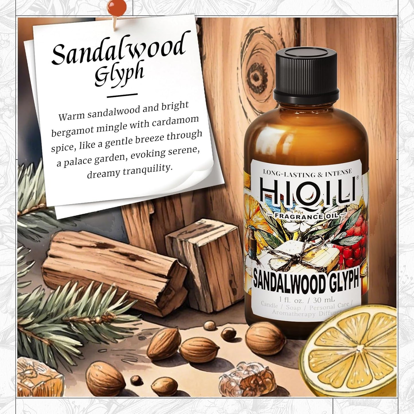 HIQILI Sandalwood Glyph Fragrance Oil for Candle & Soap Making, DIY Perfume, Essential Oil Diffuser for Home, Santal Dan Sha - 1 Fl Oz