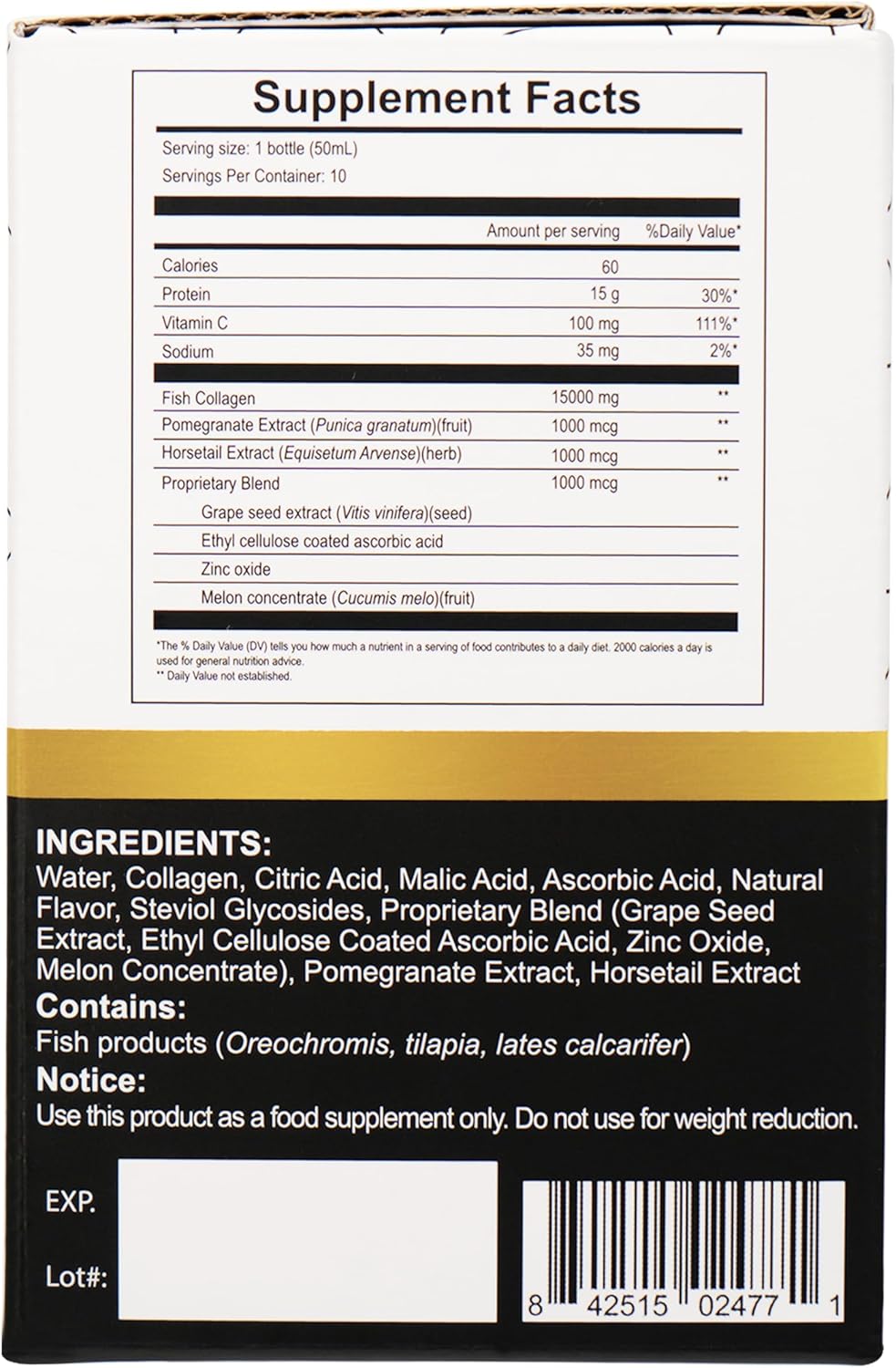 Diamond Liquid Collagen Drink, 15000 mg Hydrolyzed Marine Collagen Peptides with Vitamin C, Pomegranate, Healthy Hair Skin Nails Joints Bones Support, 50 ml x 10 Bottles