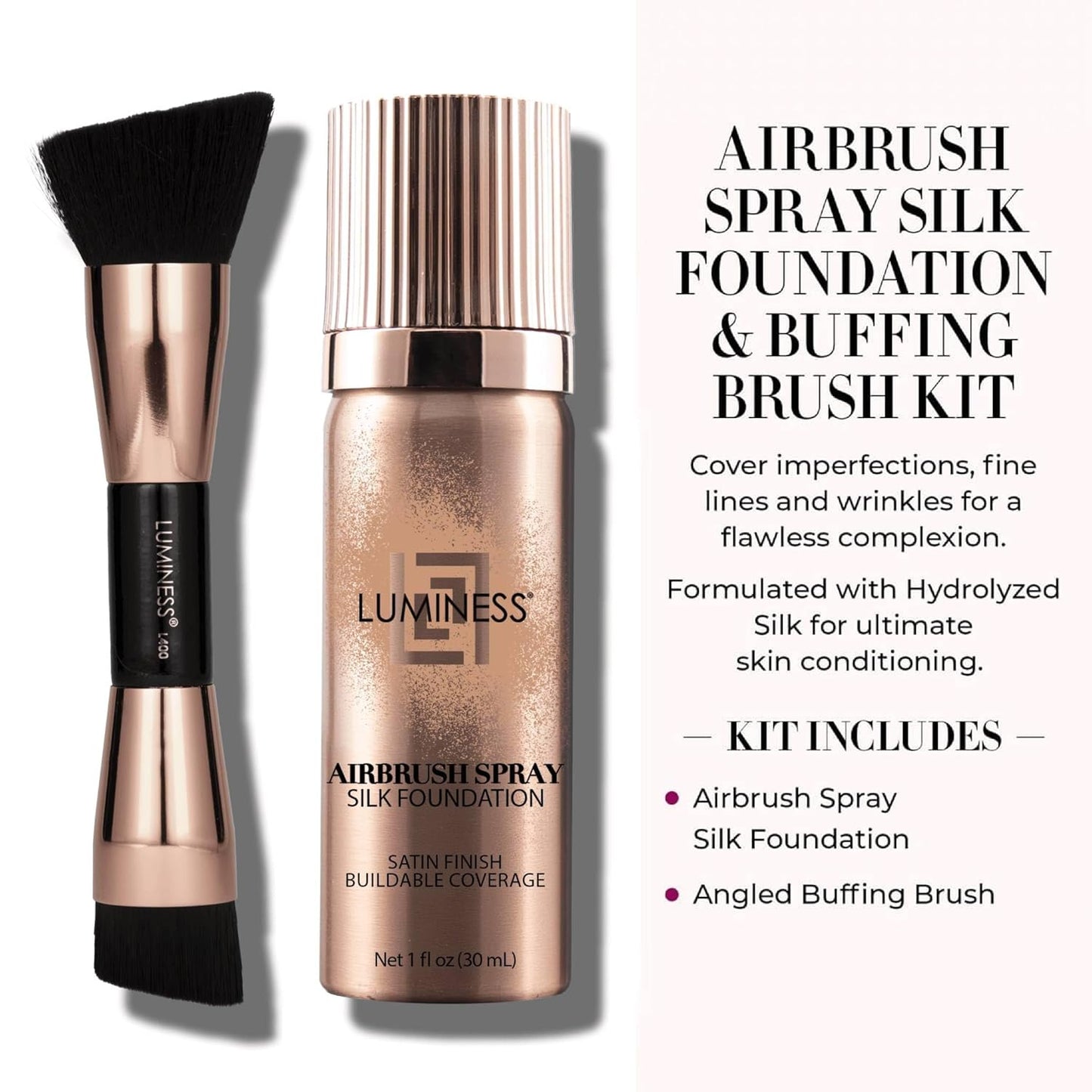 LUMINESS Silk Airbrush Spray Foundation 2-PC Kit - Foundation & Dual-Sided Angled Makeup Brush - Buildable Coverage, Anti-Aging Formula, Humidity Resistant, Hydrates & Moisturizes, Warm
