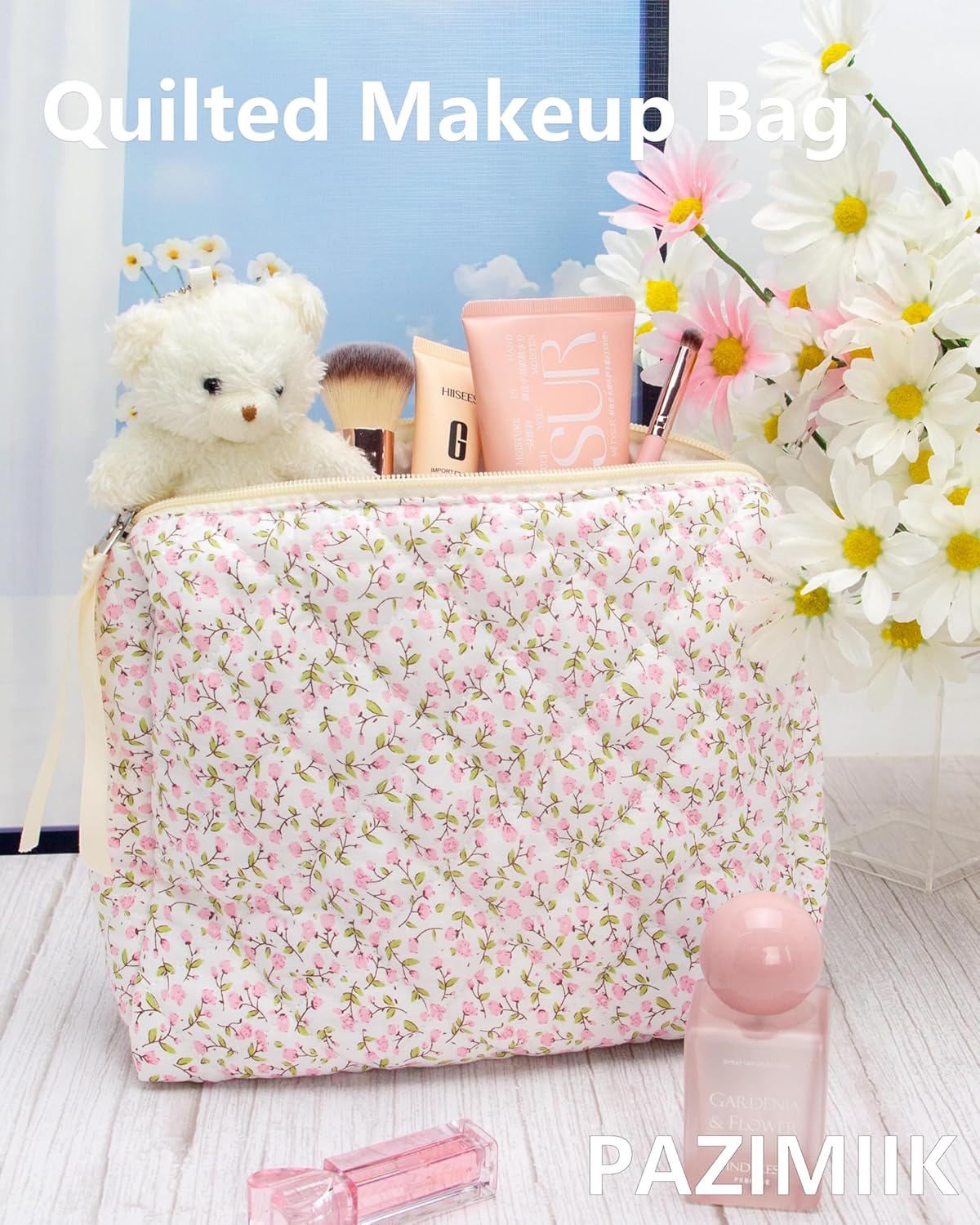 Quilted Makeup Bag Large Travel Zipper Soft Cosmetic Pouch for Women Girls Make Up,Floral Pink