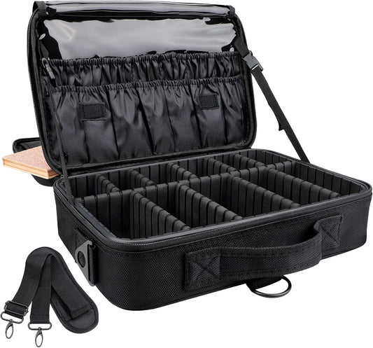 JOURMON Travel Makeup Case 3 Layers Makeup Train Case Portable Makeup Bag Organizer Portable Artist Storage Bag with Adjustable Dividers and Shoulder Strap（Black, M）