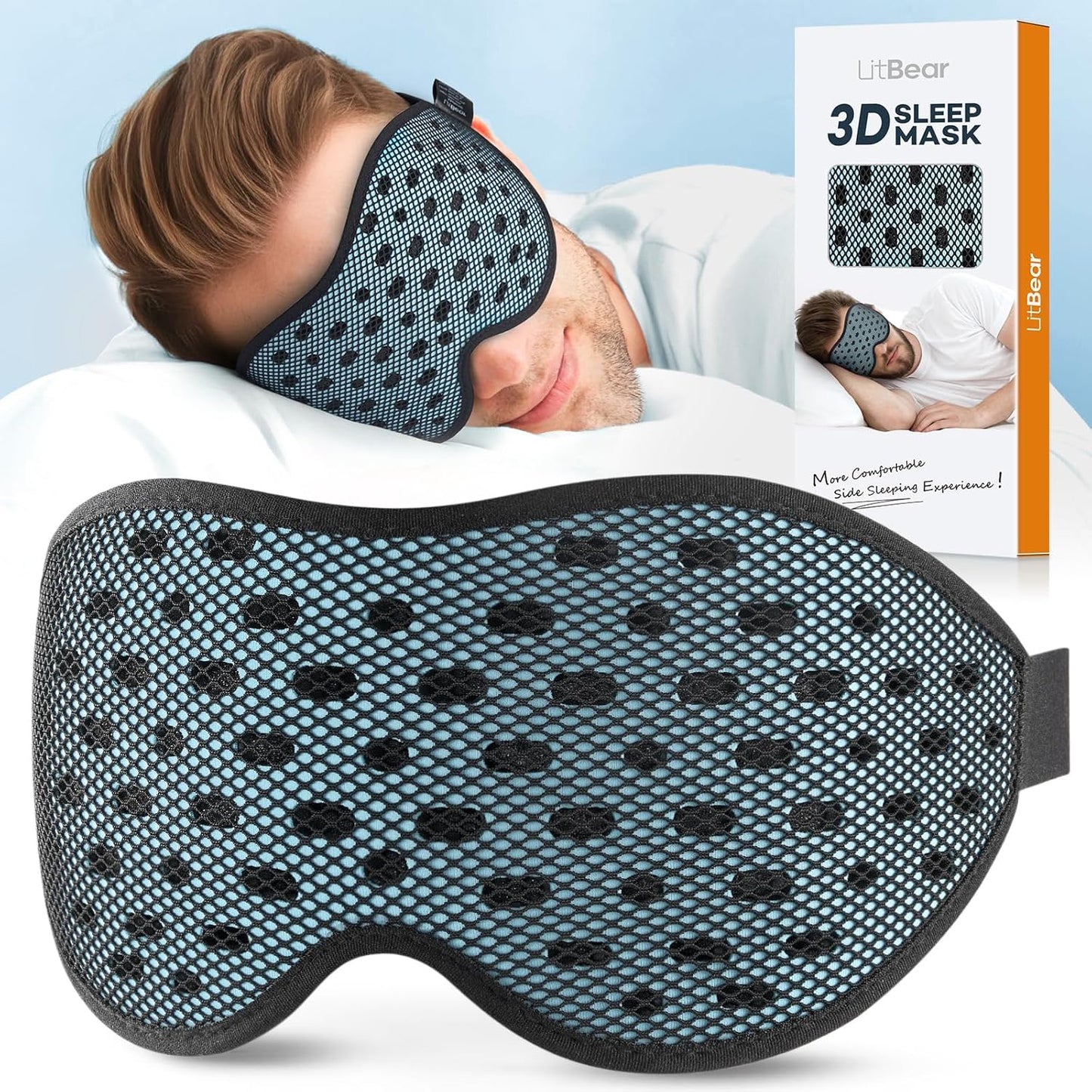 LitBear Breathable Sleep Mask, 3D Eye Mak Sleep for Side Sleepers Women Men, Light Blocking Sleeping Mask with Adjustable Strap, Soft Lightweight Eye Cover for Travel, Night Work, Nap -Ice Blue