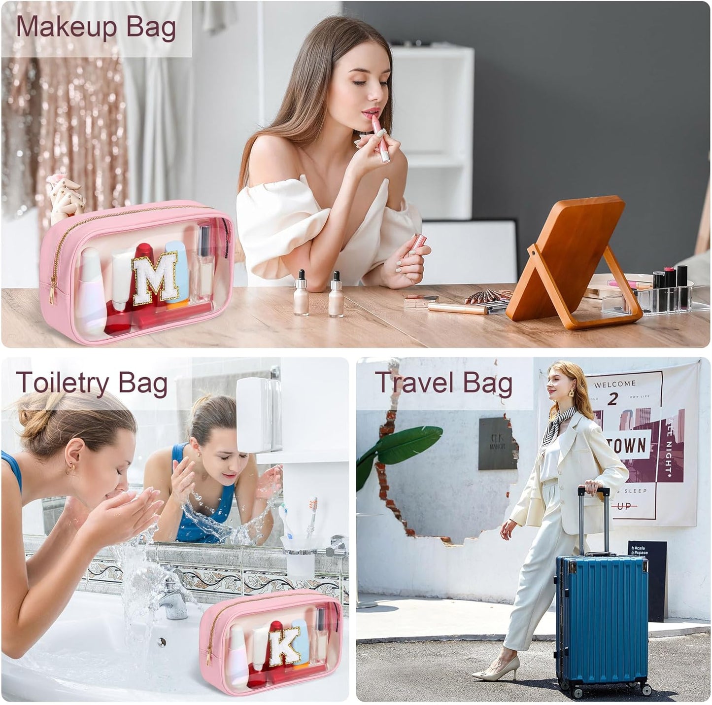 YOOLIFE Travel Toiletry Bag for Women, Pink Clear Makeup Bag Cute Make Up Bag for Women Cosmetic Bags Skin Care Makeup Bag Organizer Birthday Gifts for Women Teacher Mother Girlfriend Initial H
