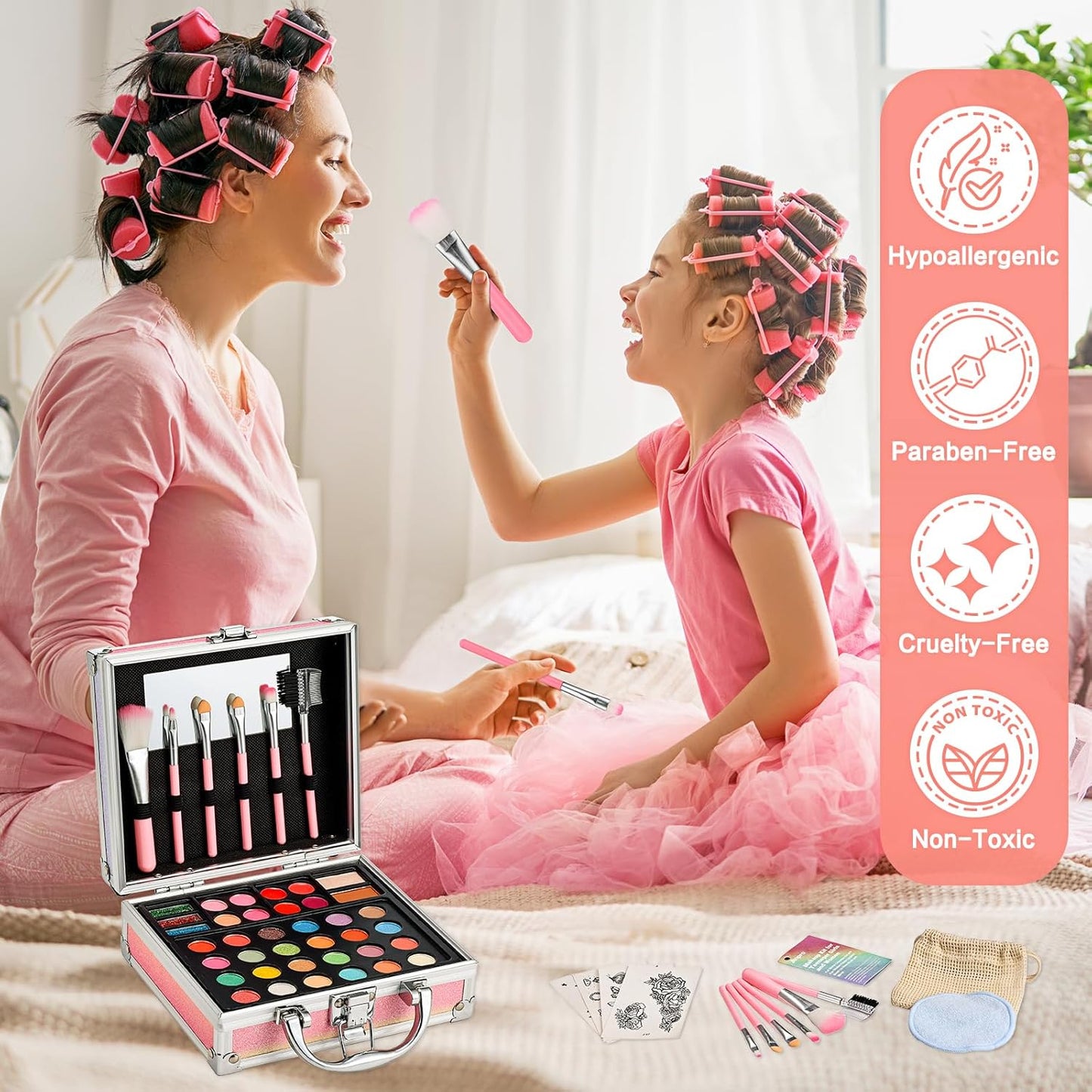 Anpro All-In-One Makeup Carry Case with Pro Teen Makeup Set, Full Starter Cosmetics Kit with Makeup Brushes, Eye Shadows Palette, Blushes, Glitter Gel, Temporary Tattoo Stickers - Colorful