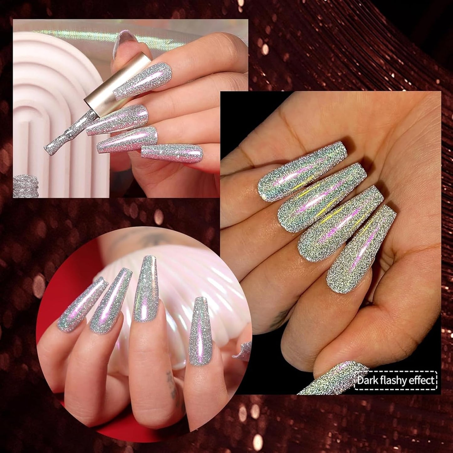 Born Pretty Reflective Red Glitter Gel Polish Christmas Glitter Gel Polish Sparkly Shiny Disco DJ LED Nail Polish Varnish Silver Red Black Colors Collection 6PCS 7ML