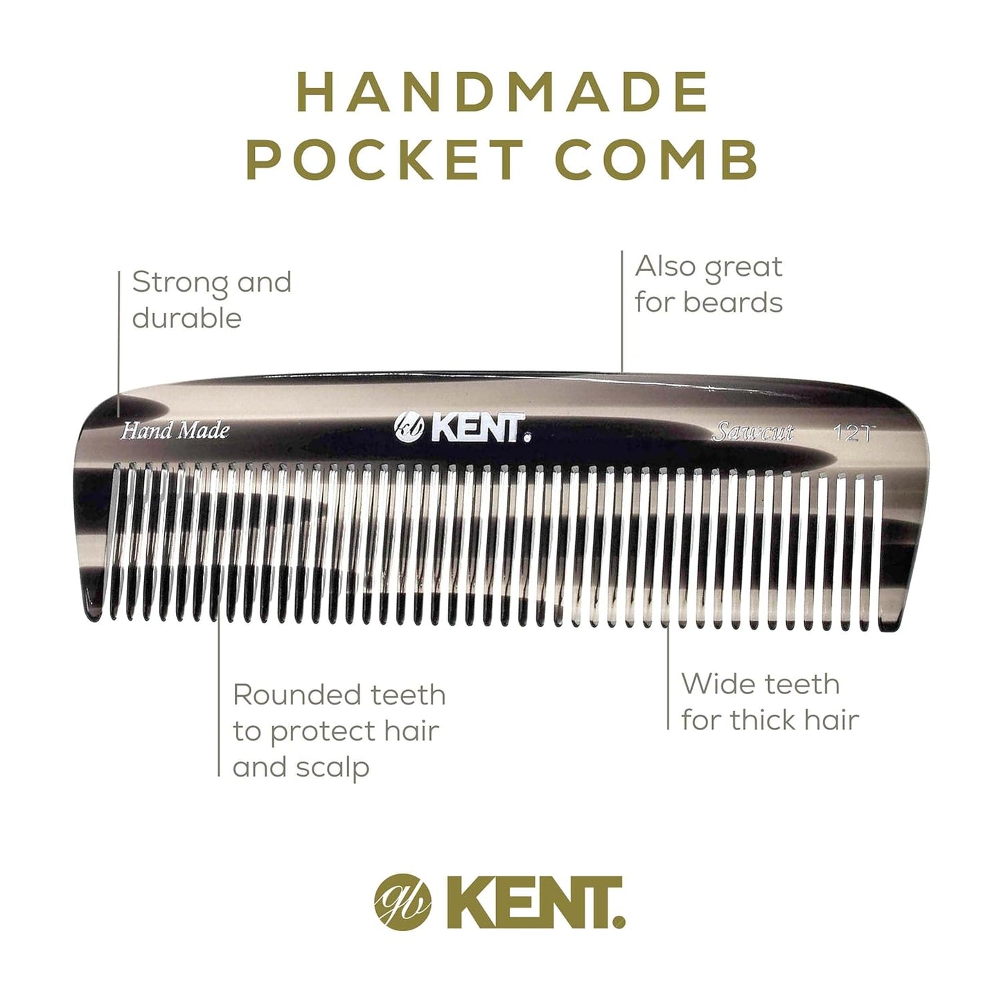 Kent 12T G Wide Tooth Detangling and Grooming Comb - Handmade Pocket Comb for Thick, Curly, Wavy Hair - Large Tooth Hair Detangler for Beard and Mustache - Saw-Cut and Hand Polished