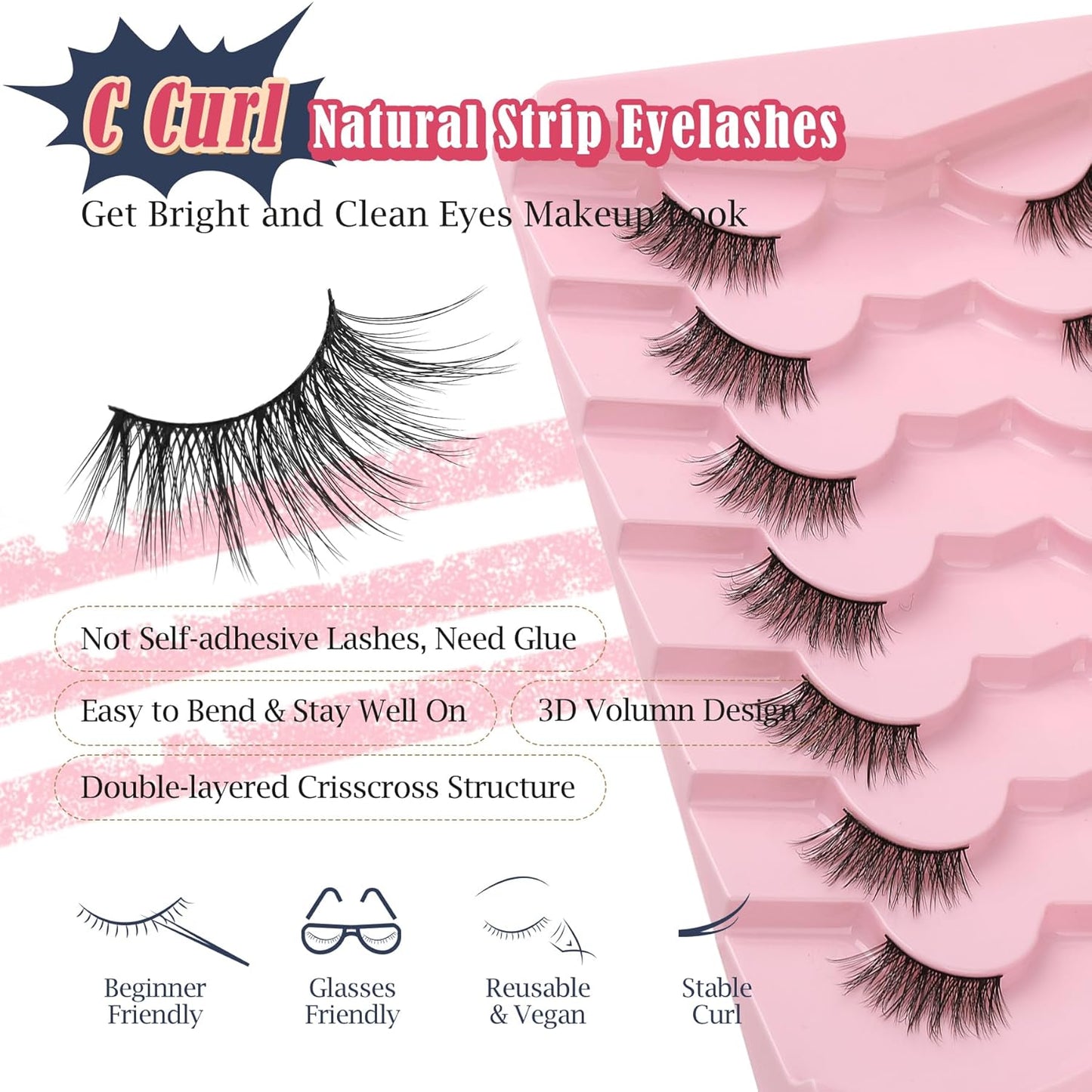 Half Lashes Cat Eye 14MM Corner Lashes False Eyelashes Natural Look C Curl Wispy Half Eyelashes 3/4 Lashes with Thin Cotton Band Soft Eyelash Pack Siligli 7 Pair