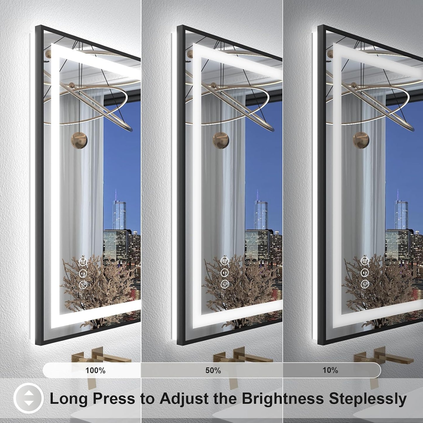 OKPAL 28x32 LED Bathroom Mirror with Lights, Black Lighted Mirrors for Bathroom Wall, Front and Backlit, Anti-Fog, Dimmable, Shatterproof, 3 Colors, Memory, Horizontal/Vertical