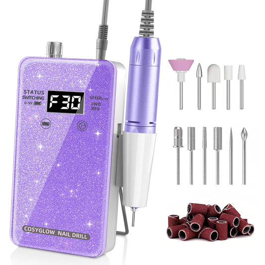 Professional Electric Nail Drill File:COSYGLOW Glitter Portable Cordless E-File Nail Drill Kit with 11 Drill Bits,30000 RPM Rechargeable Nail Drills Machine for Acrylic Nails Gel Polishing(Purple)