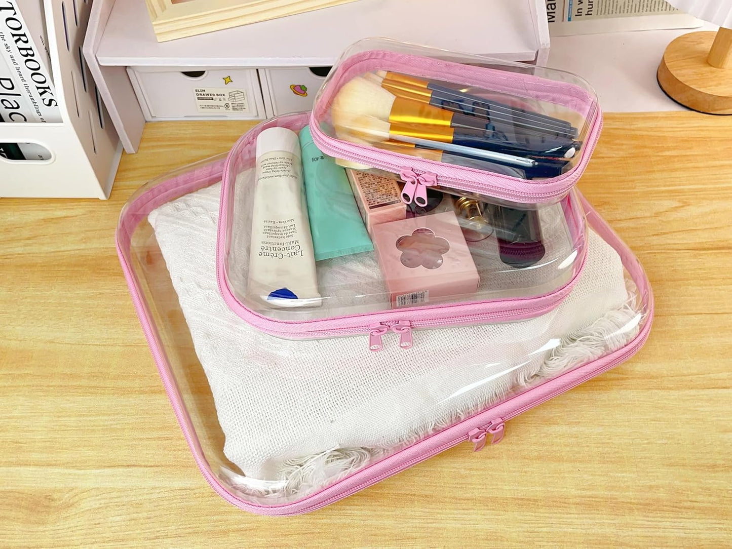3PCS Clear Zipper Cases, Portable Clear Organizer Pouches for Travel, Double Zippered Hard Shell Plastic Case, Cosmetic Bag for Make Up Tools, Toiletries, Toy Storage (Pink, 2 Pack)